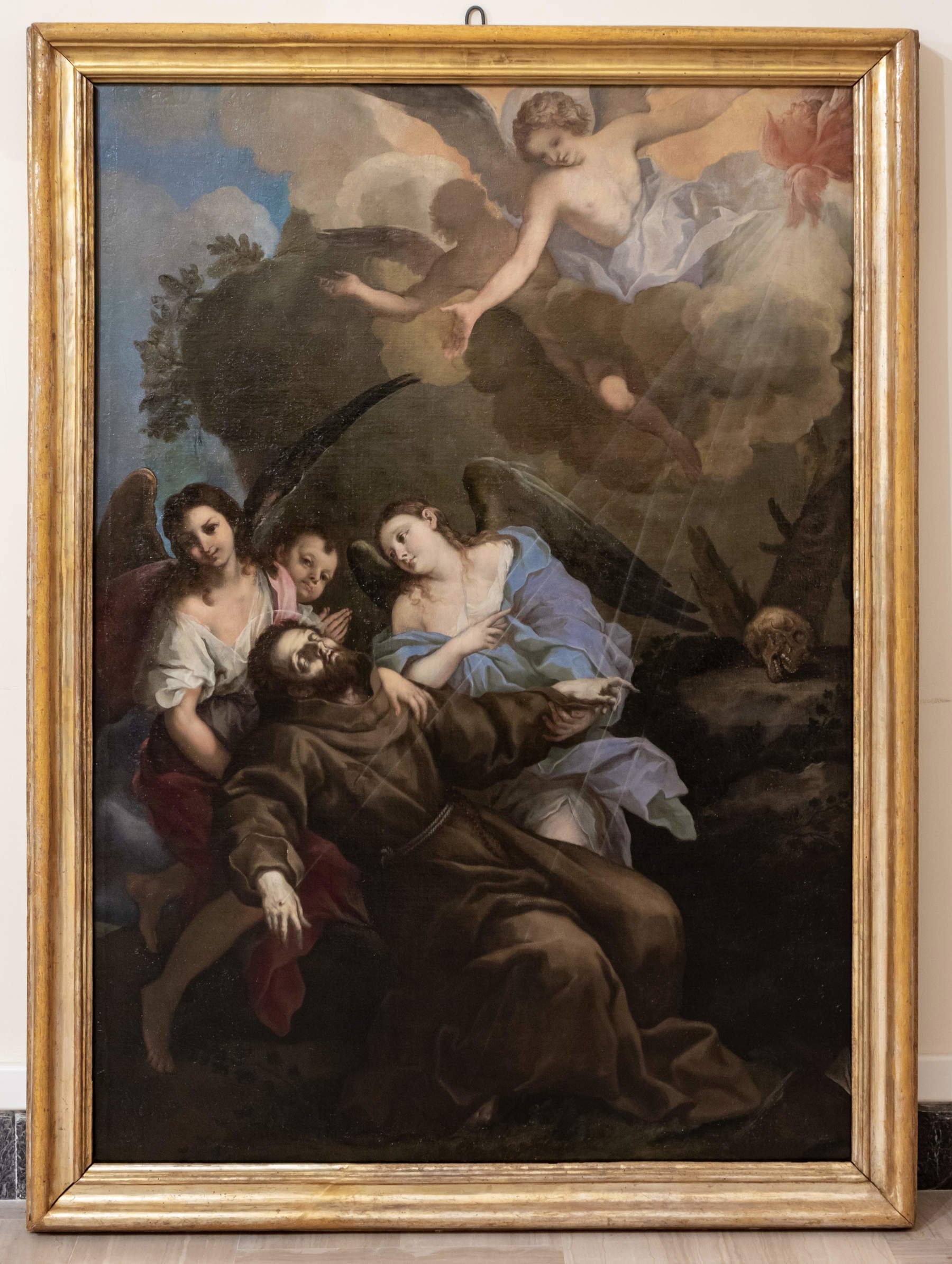 Giuseppe Nicola Nasini, «San Francisco recibe las estigmas» (Óleo sobre lienzo, 175 x 126 cm). Asís, Custodia General, Convento Sagrado de San Francisco en Asís de los Frailes Menores Conventuales