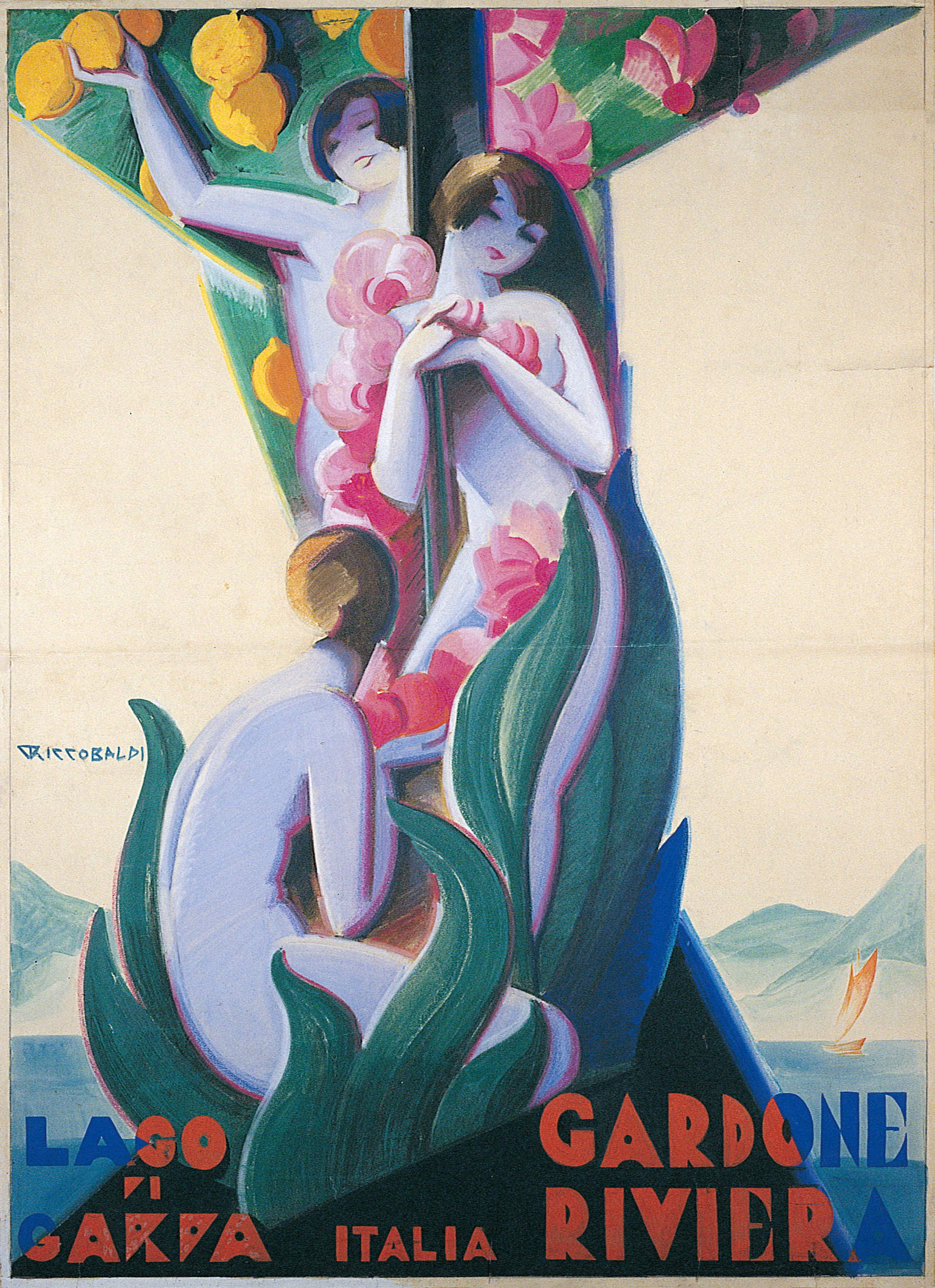 Giuseppe Riccobaldi, Lago de Garda, Gardone Riviera (1929; pastel y témpera sobre cartulina, 134 x 97 cm; Génova, Archivo Histórico de la Publicidad)