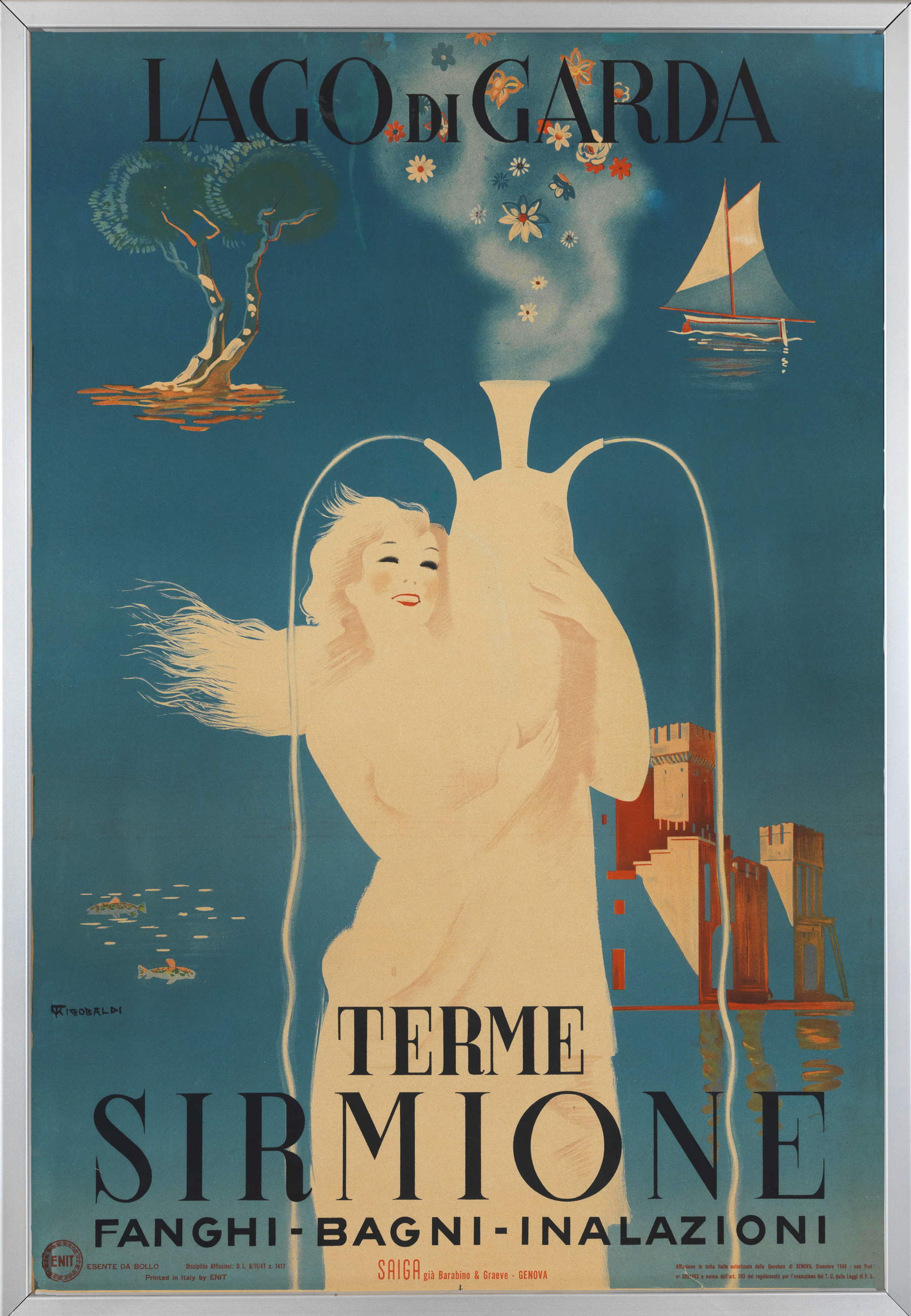 Giuseppe Riccobaldi, Lago de Garda. Termas de Sirmione (SAIGA, anteriormente Barabino &amp; Graeve, Génova, 1949; cromolitografía sobre papel, 100 x 69,5 cm; Riva del Garda, MAG)