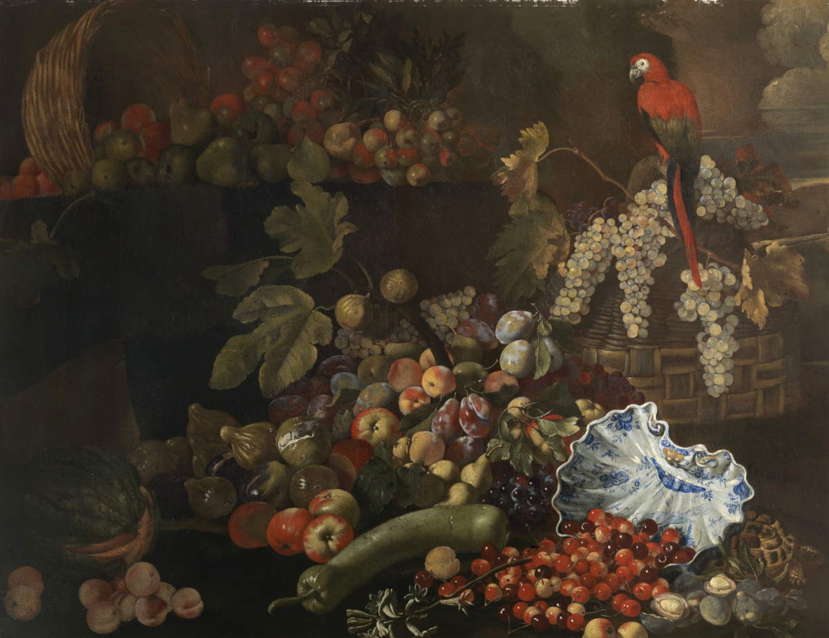 Giuseppe Ruoppolo, Still Life with Fruit, Gourds, Parrot, Tortoise, and Tureen of Majolica (1670-1680; oil on canvas, 99 x 127.5 cm)