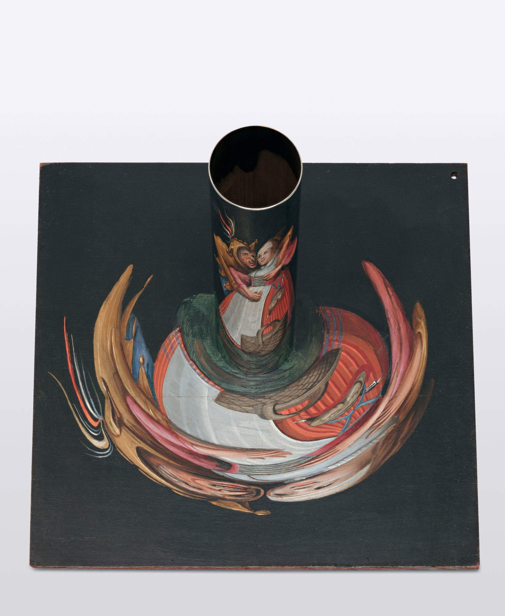 Johann Heinrich Glaser, Anamorphose, femme et bouffon (vers 1650 ; huile sur bois, 39 x 40 cm ; Bâle, Historisches Museum Basel) &copy; Historisches Museum Basel. Photo de Natascha Jansen
