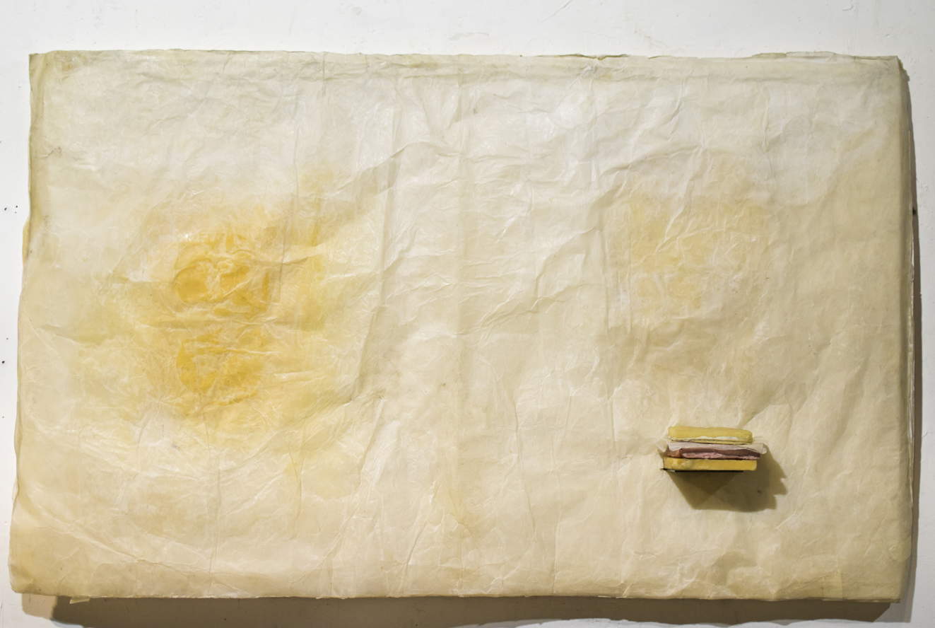 Gregorio Botta, Sans titre (2023 ; papier de riz, cire et pigment, 100 x 150 x 8 cm)