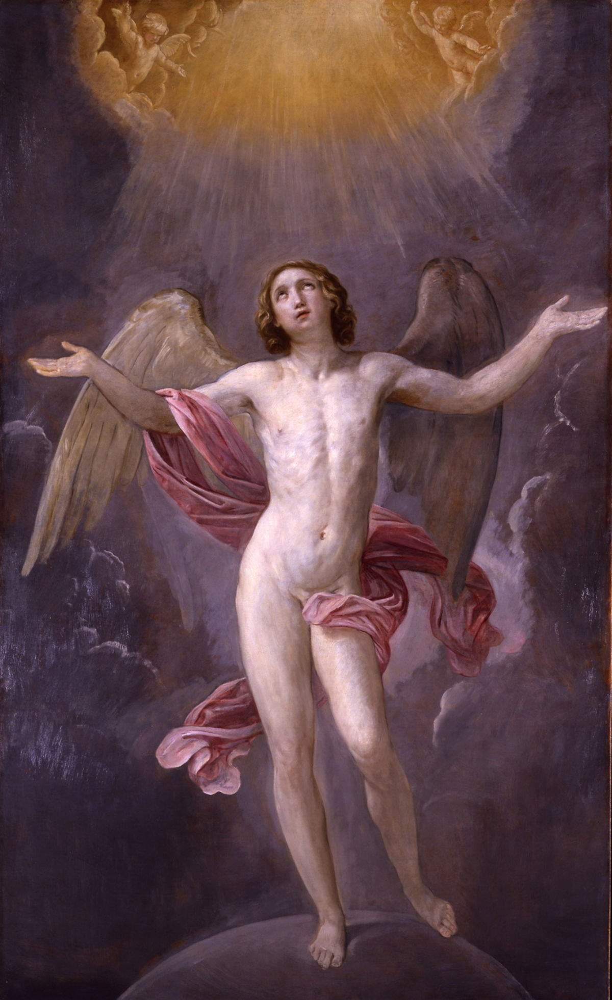Guido Reni, Anima beata (1640 - 1642; Öl auf Leinwand, 252 x 153 cm) Das Gemälde, eines der berühmtesten Beispiele der letzten Produktion von Guido Reni, zeichnet sich durch seine kompositorische Wesentlichkeit, das lebendige und subtile Lichtspiel und die fast monochrome Palette aus, die hier nur durch das rosa Tuch, das den Akt umhüllt, unterbrochen wird. Die sogenannte Anima Beata war für Alessandro Sacchetti bestimmt und befand sich zum Zeitpunkt seines Todes im Atelier des Künstlers. Provenienz: Atelier von Guido Reni bis 1642; Sammlung Sacchetti seit 1688; Pinacoteca Capitolina seit 1748.