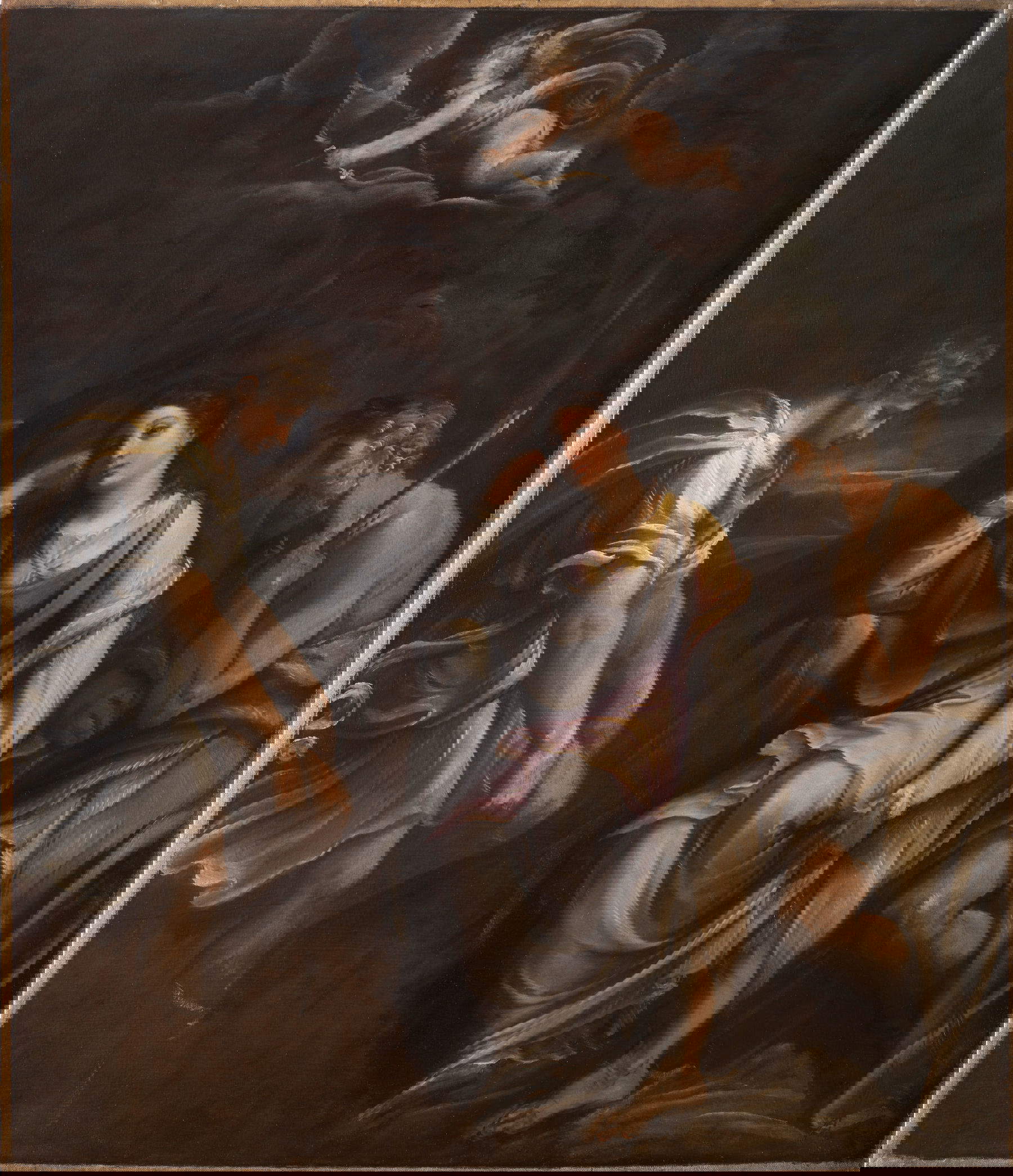 Guido Reni, Silvio, Dorinda und Linco (Allegorie der abgewiesenen Liebe) (1596 - 1598; Öl auf Leinwand, 100 x 87 cm) Das unvollendete Gemälde wurde kürzlich dem jungen Reni zugeschrieben und in die Jahre seiner Lehrzeit in der Werkstatt von Ludovico Carracci datiert. Das Thema ist von der Geschichte von Silvio, Dorinda und Linco inspiriert, die im 9. Gesang von Pastor Fido beschrieben wird, einem komischen Hirtendrama, das der Dichter Giovanni Battista Guarini zwischen 1580 und 1583 schrieb. Provenienz: Sammlung Sacchetti seit 1651; Pinacoteca Capitolina seit 1748.