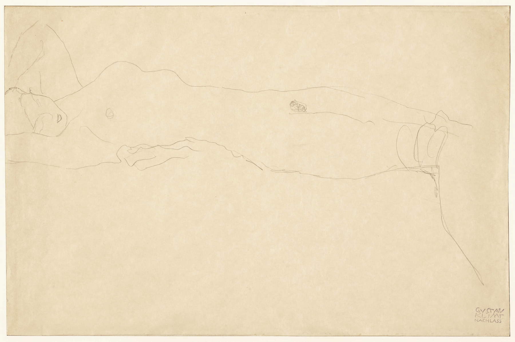 Gustav Klimt, Mujer recostada (1904-1905; lápiz sobre papel, 364 x 558 mm; Budapest, Sz&eacute;pműv&eacute;szeti M&uacute;zeum, n.º de inventario 1935-2983)