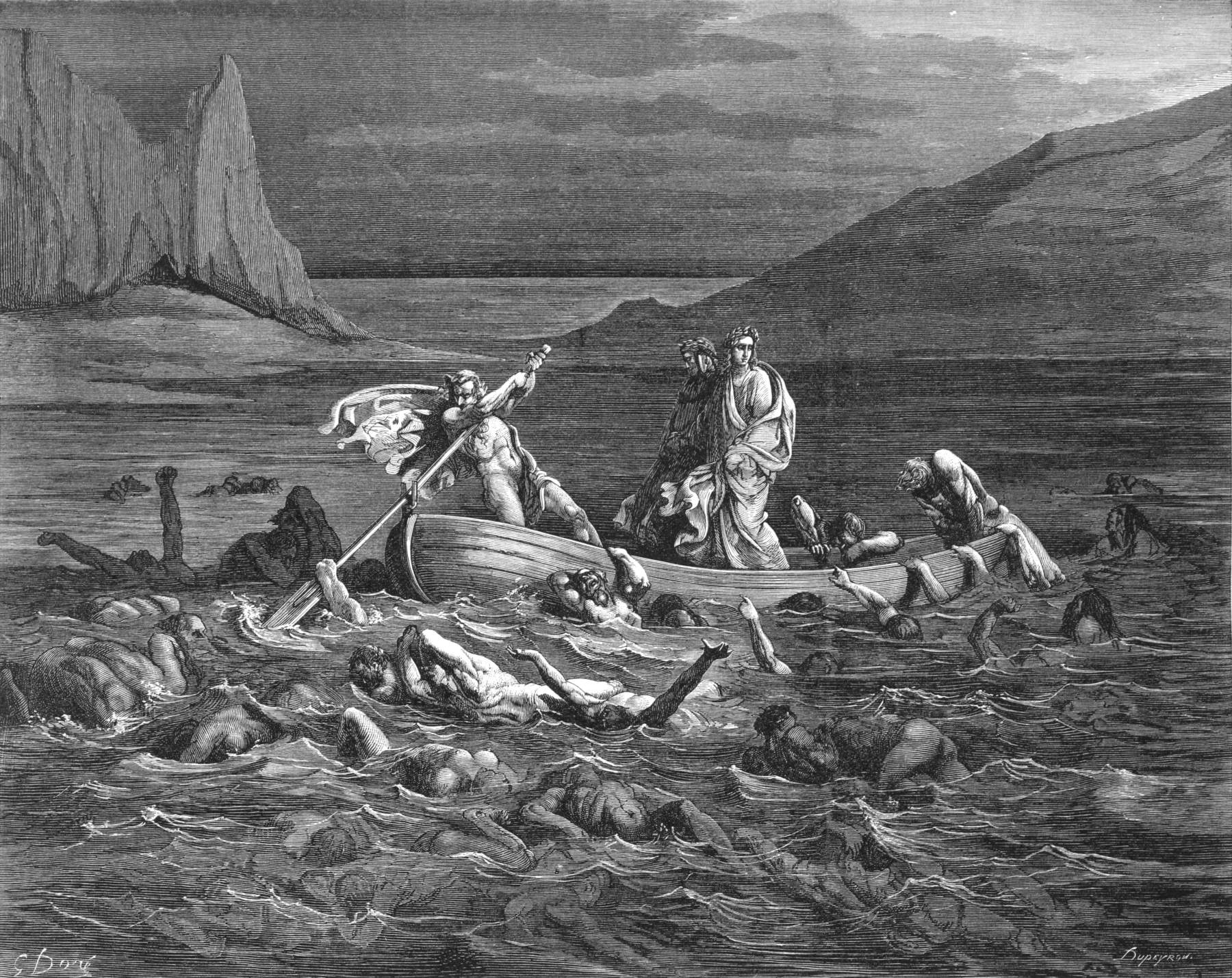 Gustave Dor&eacute;,&nbsp;Divina Commedia, Inferno Canto VIII, Dante e Virgilio navigano sullo Stige (1870; incisione)