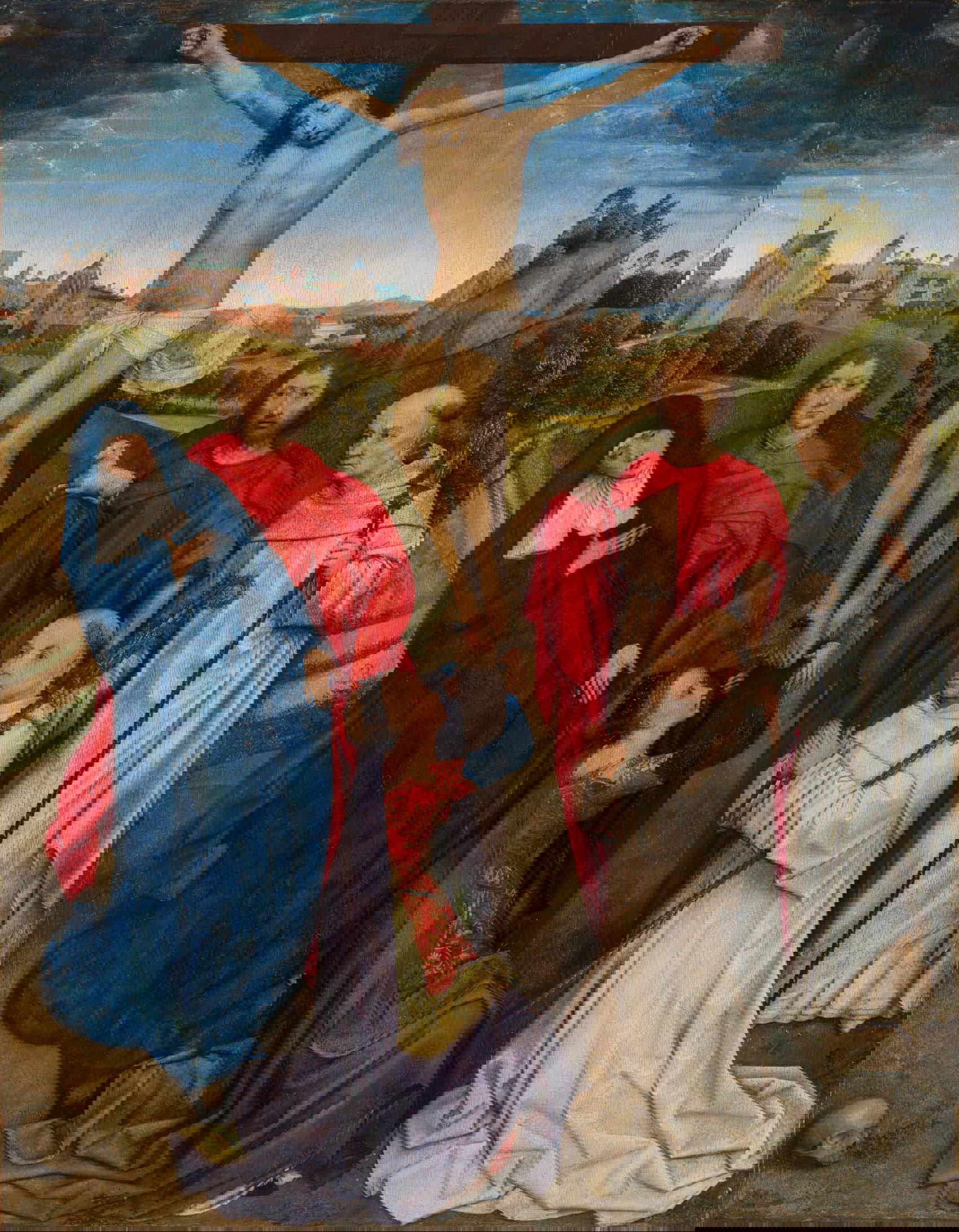 Hans Memling, Kreuzigung mit der Madonna, den Heiligen Johannes dem Evangelisten und Johannes dem Täufer, Maria Magdalena und zwei Zisterzienseräbten (Öl auf Tafel, 84,5 x 66 cm; Vicenza, Musei Civici, Pinacoteca di Palazzo Chiericati)