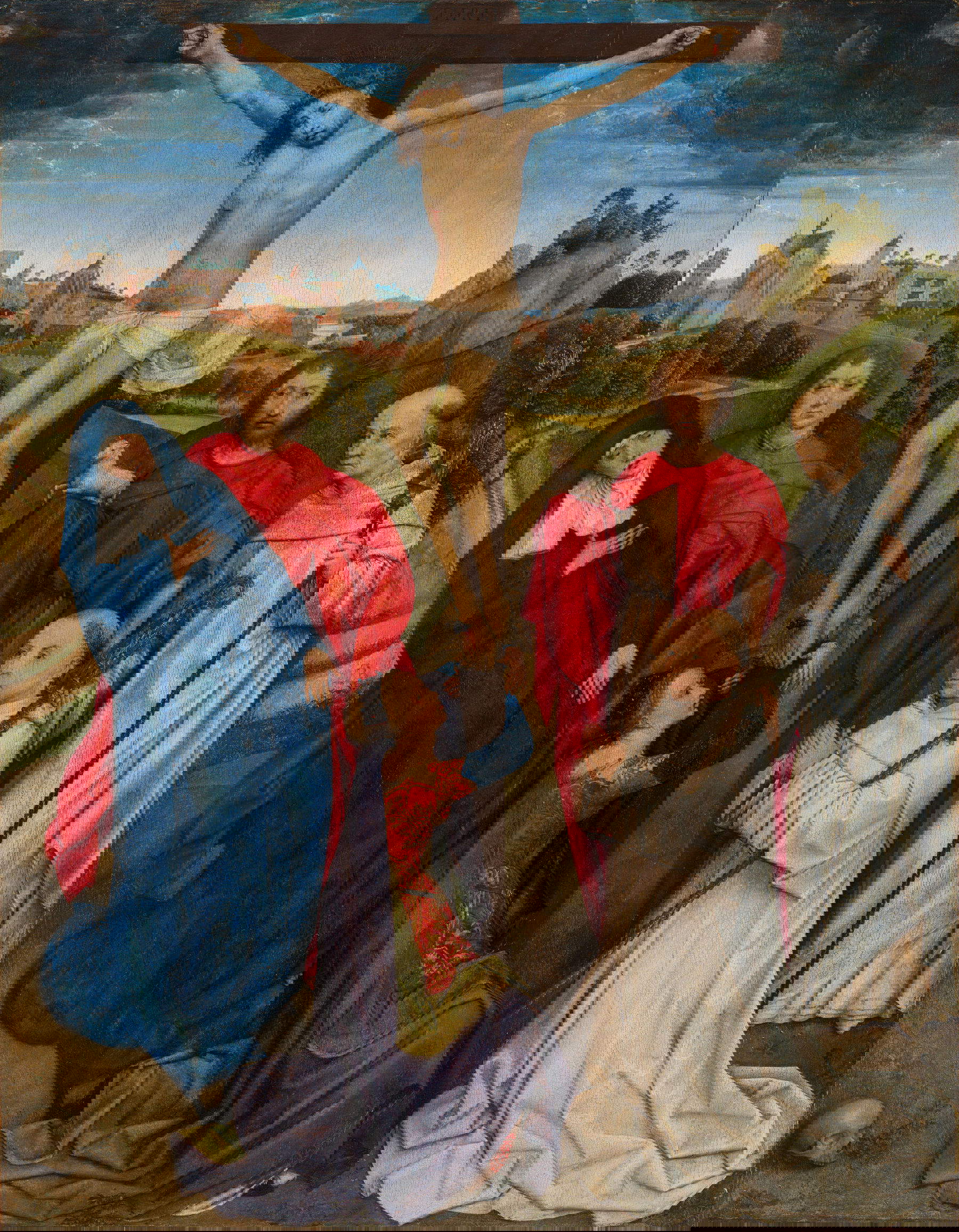 Hans Memling, Kreuzigung mit der Madonna, den Heiligen Johannes dem Evangelisten und Johannes dem Täufer, Maria Magdalena und zwei Zisterzienseräbten (Öl auf Tafel, 84,5 x 66 cm; Vicenza, Musei Civici, Pinacoteca di Palazzo Chiericati)