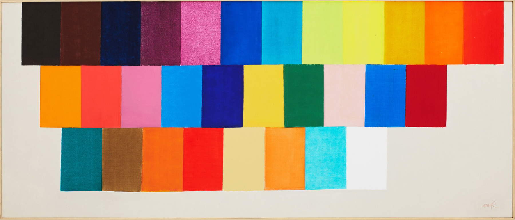 Heinz Mack, Sin título (Constelación cromática) (2014; acrílico sobre lienzo, 134 x 314 cm). Foto: Archivo Mack y VG Bildkunst Bonn, 2026.
