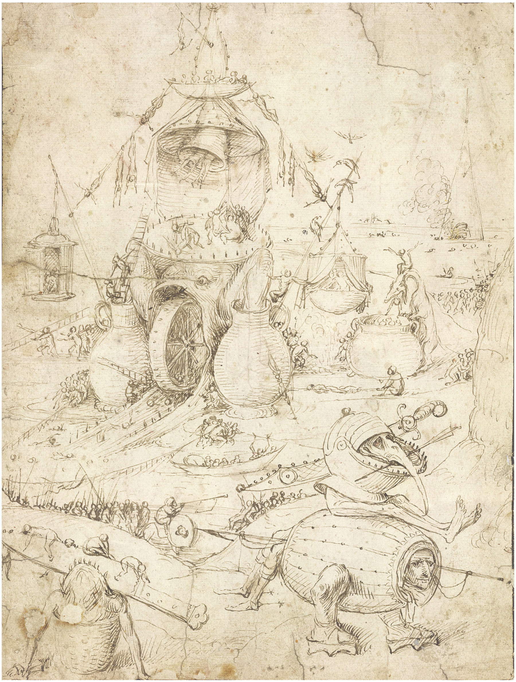 Hieronymus Bosch, Paisaje infernal (pluma y tinta sobre papel, 260 x 194 mm; colección privada)