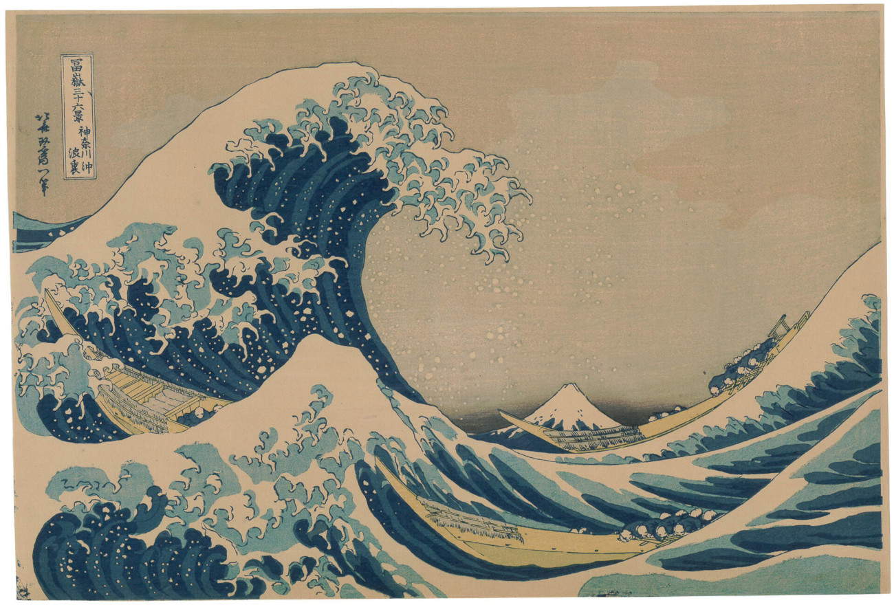 Hokusai Katsushika, The [Great] Wave off Kanagawa from The 36 Views of Mount Fuji series (second half 19th century; polychrome woodcut on mulberry paper, 257 x 379 mm; private collection)