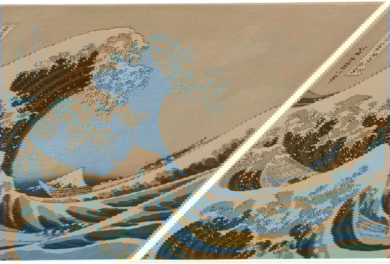 Hokusai Katsushika, La [grande] onda al largo di Kanagawa dalla serie Le 36 vedute del Monte Fuji (seconda met&agrave; XIX secolo; xilografia policroma su carta da gelso, 257 x 379 mm; collezione privata)