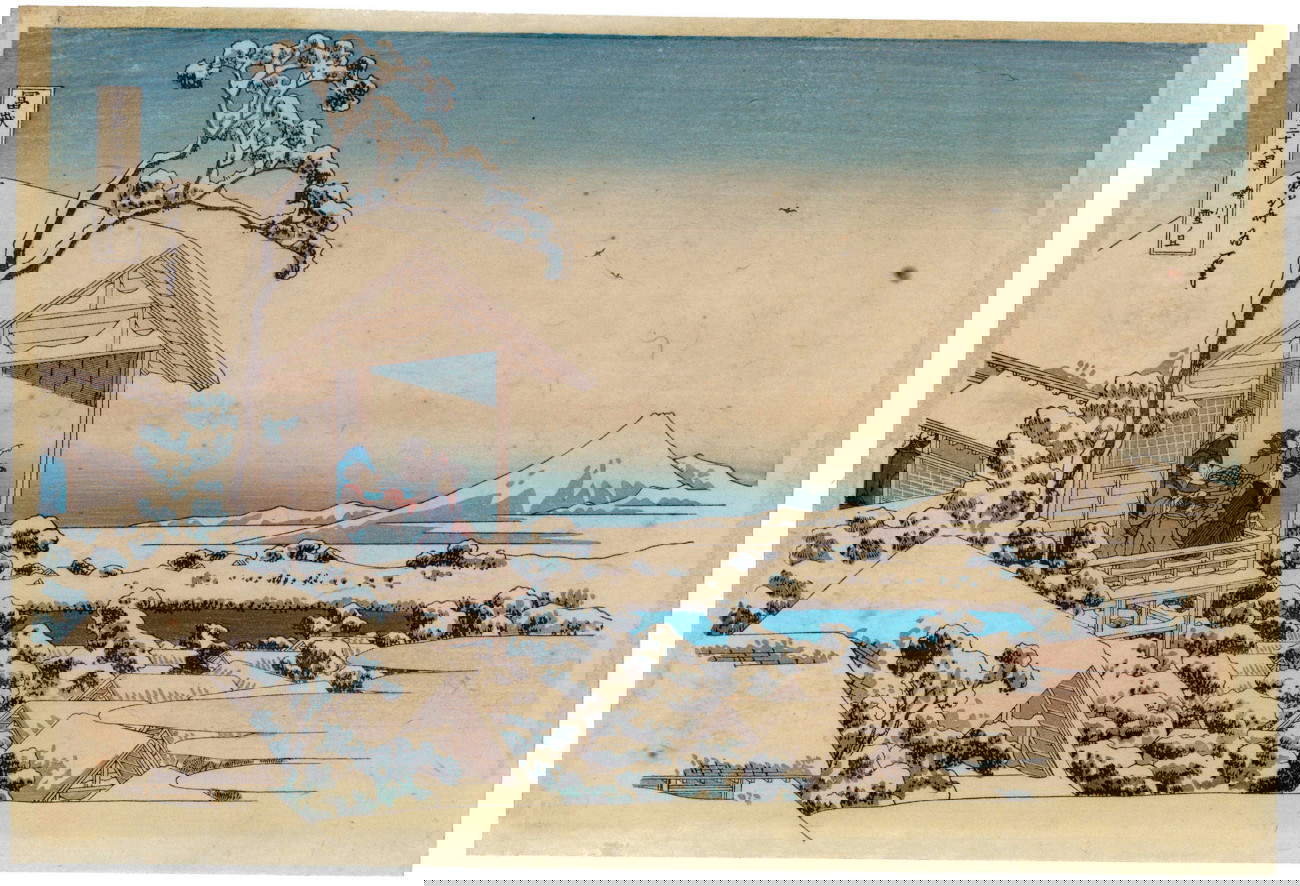 Hokusai Katsushika, Mattino nevoso alla casa da t&egrave; a Koishikawa dalla serie Le 36 vedute del monte Fuji, (1830-31; xilografia policroma su carta da gelso, 259 x 382 mm; Collezione Mnemosyne)