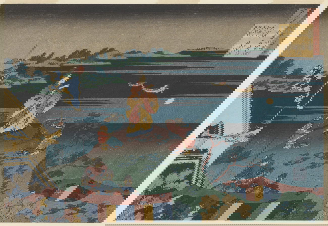 Katsushika Hokusai, Gedicht von Abe-no Nakamaro (um 1835-1836; aus der Serie Einhundert Gedichte von einhundert Dichtern, erklärt vom Kindermädchen, Farbholzschnitt auf Papier, 24,9 x 36,3 cm; Nationalmuseum Krakau)