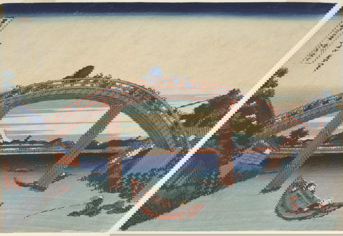 Katsushika Hokusai, Unter der Mannenbrücke in Fukagawa (ca. 1832; aus der Serie Sechsunddreißig Ansichten des Berges Fuji, Farbholzschnitt auf Papier, 25,7 x 37,7 cm; Nationalmuseum Krakau)