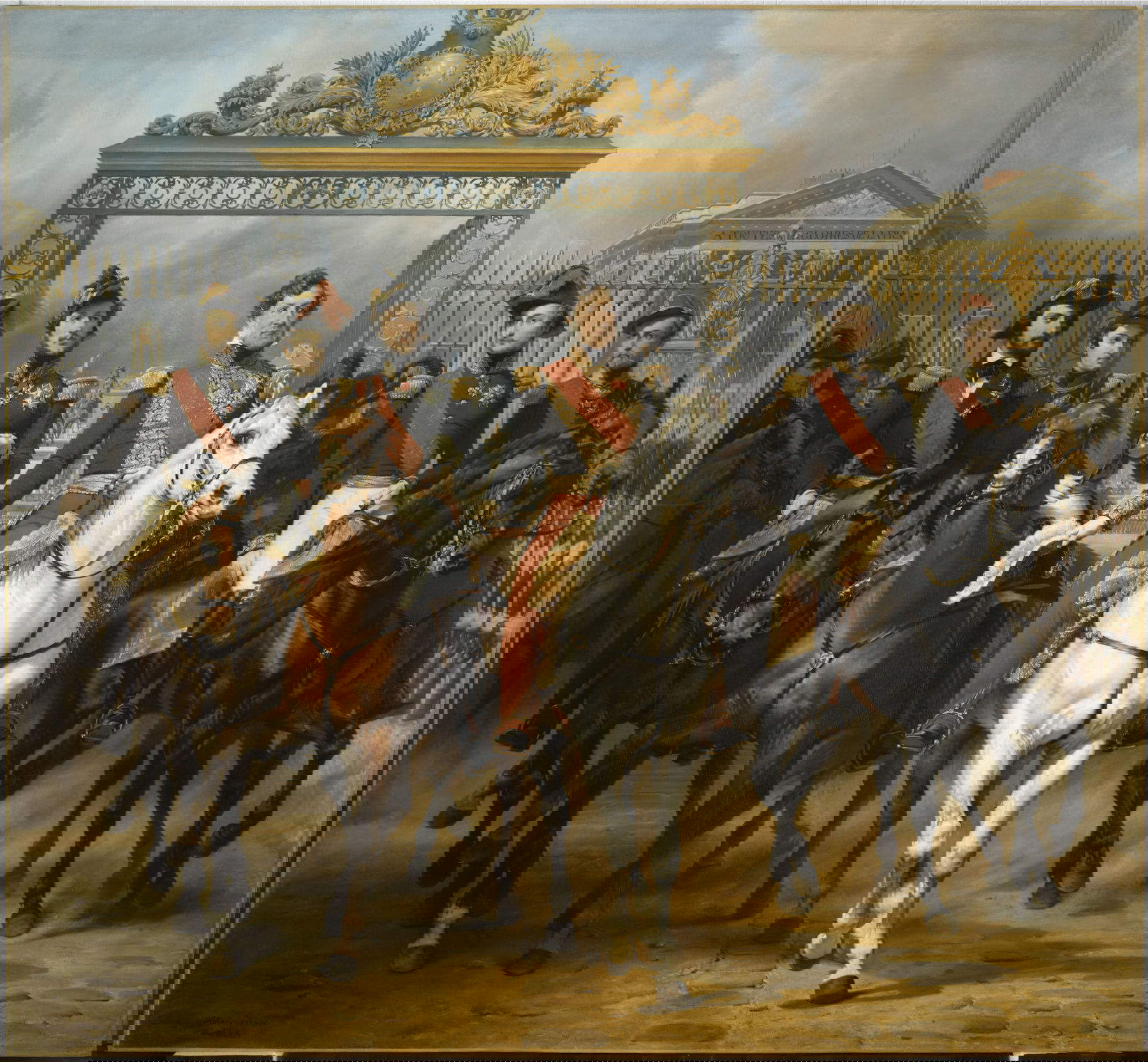 Horace Vernet, Re Luigi Filippo, circondato dai suoi cinque figli, esce dal cancello principale della Reggia di Versailles dopo una parata militare nei cortili, 10 giugno 1837 (1846; olio su tela, 368 x 397,5 cm; Versailles, Chateau de Versailles - Mus&eacute;e de l'Histoire de France, MV 5218) Foto: Wikimedia Commons