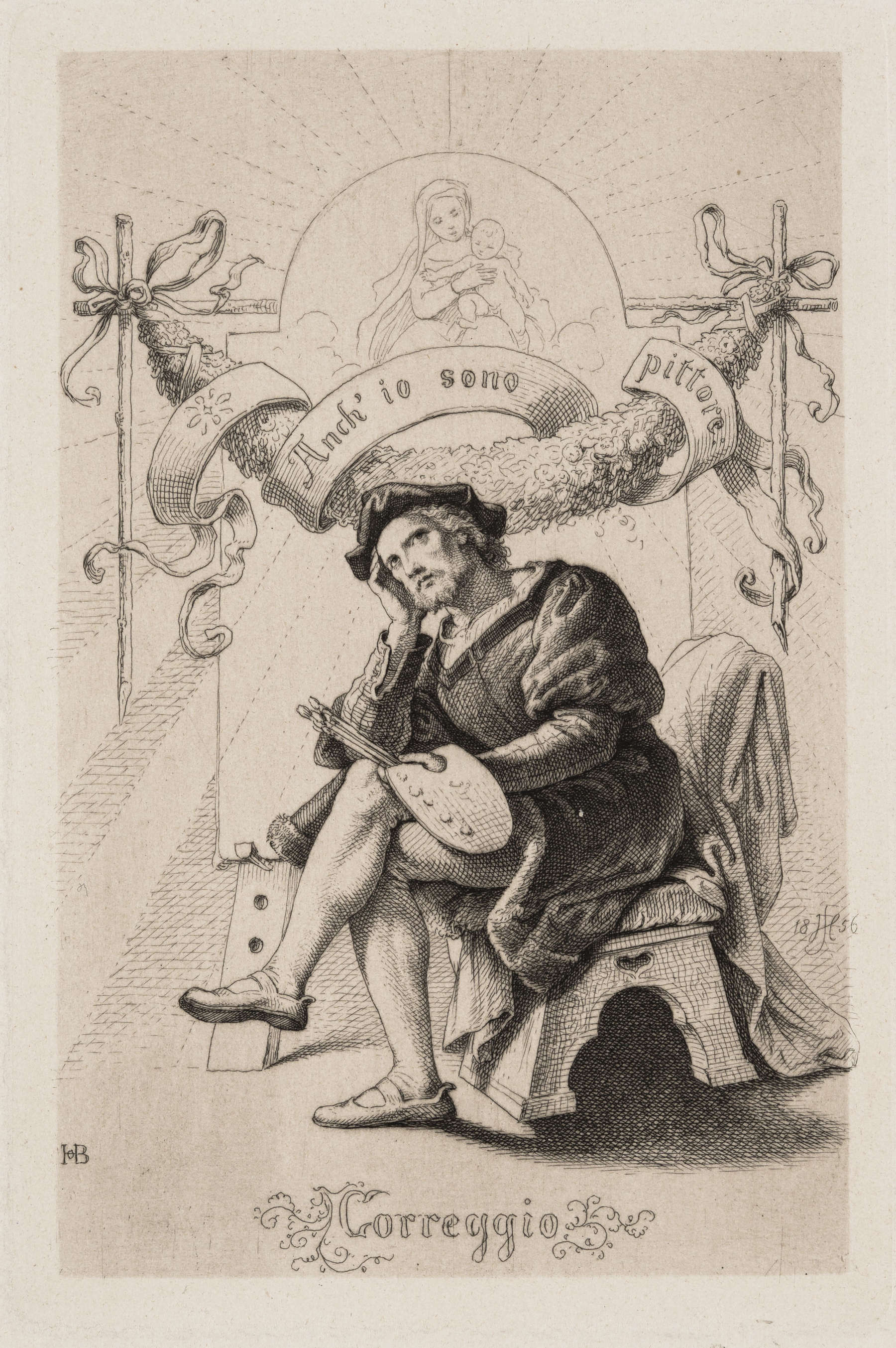 Hugo B&uuml;rkner d'après Julius H&uuml;bner, Le Corrège, dernière gravure du « Bréviaire des peintures de la Galerie I de Dresde » (Dresde, 1856 ; Dresde, Kupferstich-Kabinett, Staatliche Kunstsammlungen Dresden) &copy; Kupferstich-Kabinett, Staatliche Kunstsammlungen Dresden. Photo : Andreas Diesend