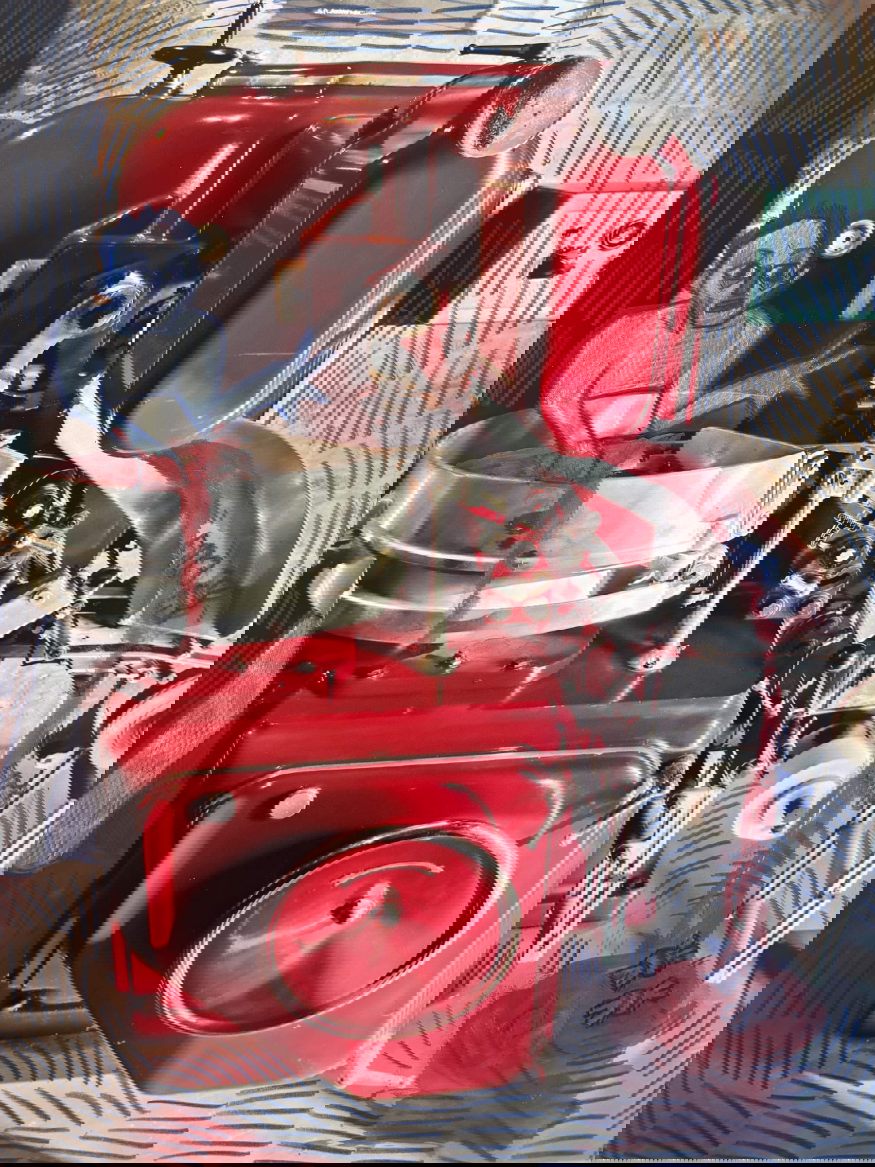 Grafische Nachbearbeitung auf einem Automaten im Museo del Patrimonio Industriale (Zeichnung auf fotografischem Abzug von Aina Corsini). Mit Konzession des Liceo Artistico 