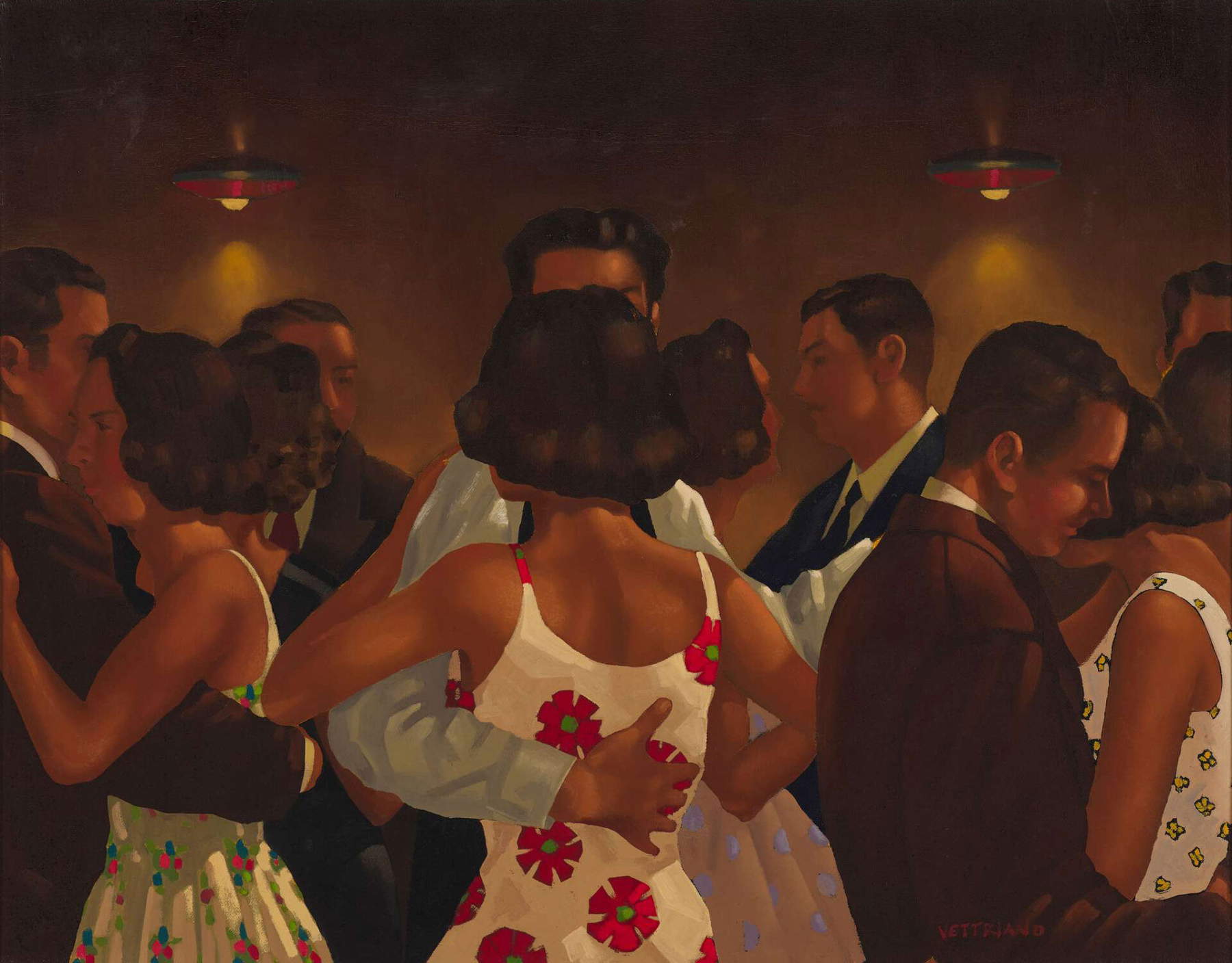 Jack Vettriano, A marvellous night for a moondance (1990 ; signé en bas à droite ; au verso, mention du titre et de la date 1990, huile sur bois, 58 x 74,5 cm)