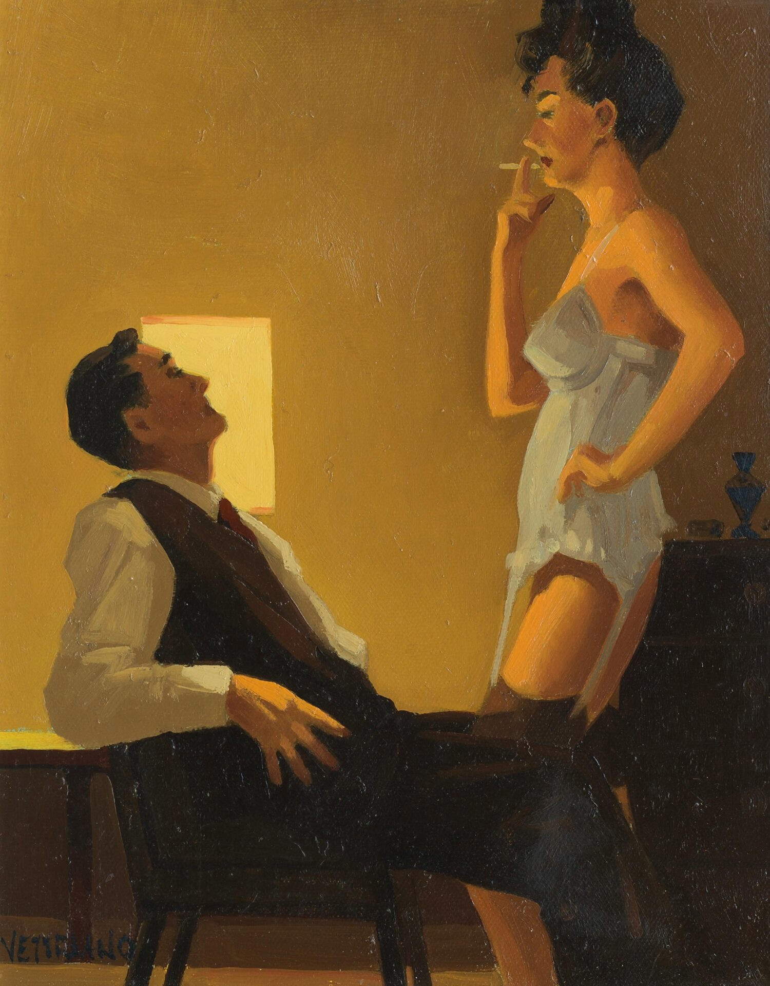 Jack Vettriano, « The White Basque » (huile sur panneau entoilé, 30 x 25 cm ; collection privée)