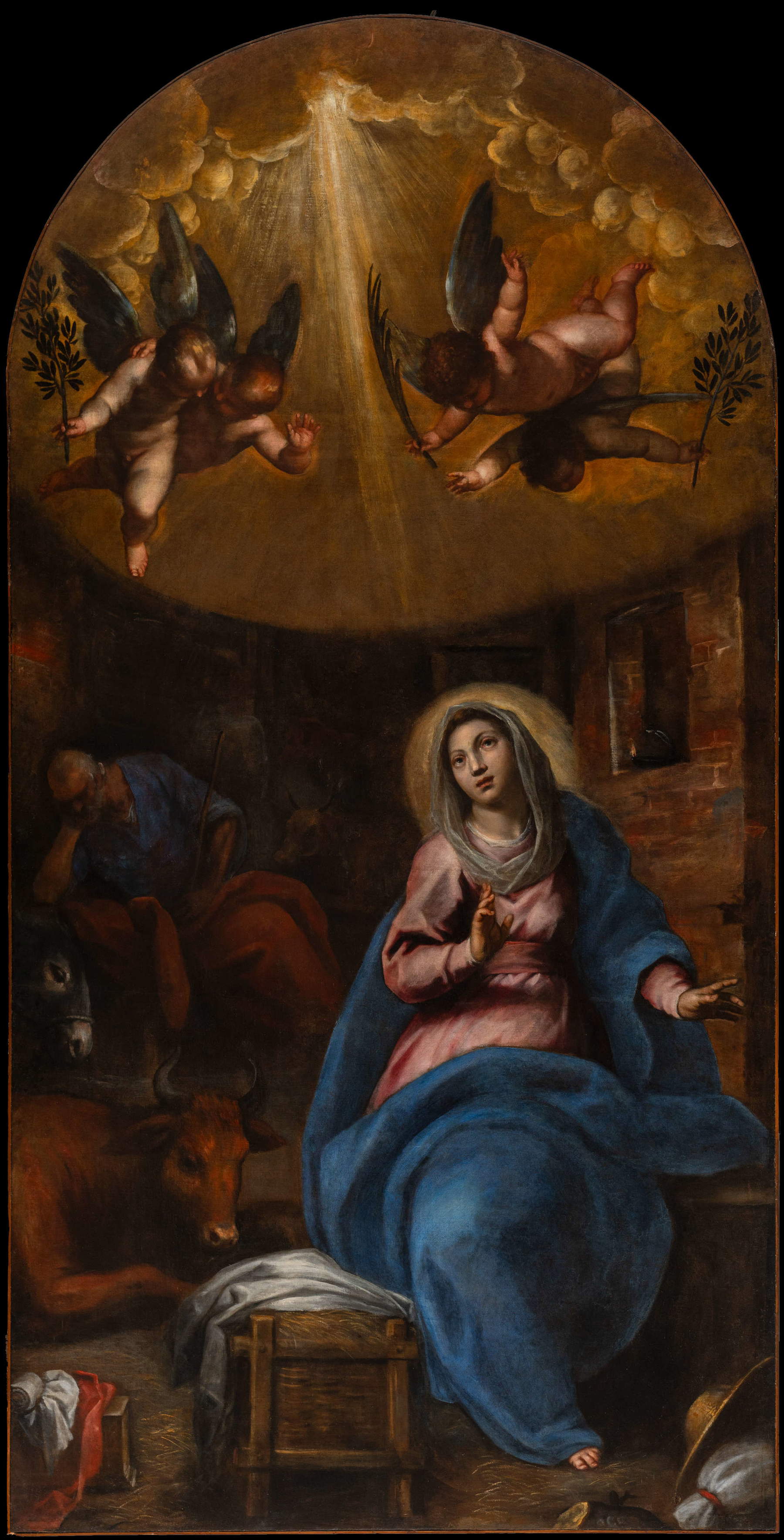Jacopo Palma il Giovane, Madonna del Parto (1617-1620 circa; olio su tela, 160 x 320 cm; Venezia, San Geremia). Dopo il restauro. Foto: Matteo De Fina