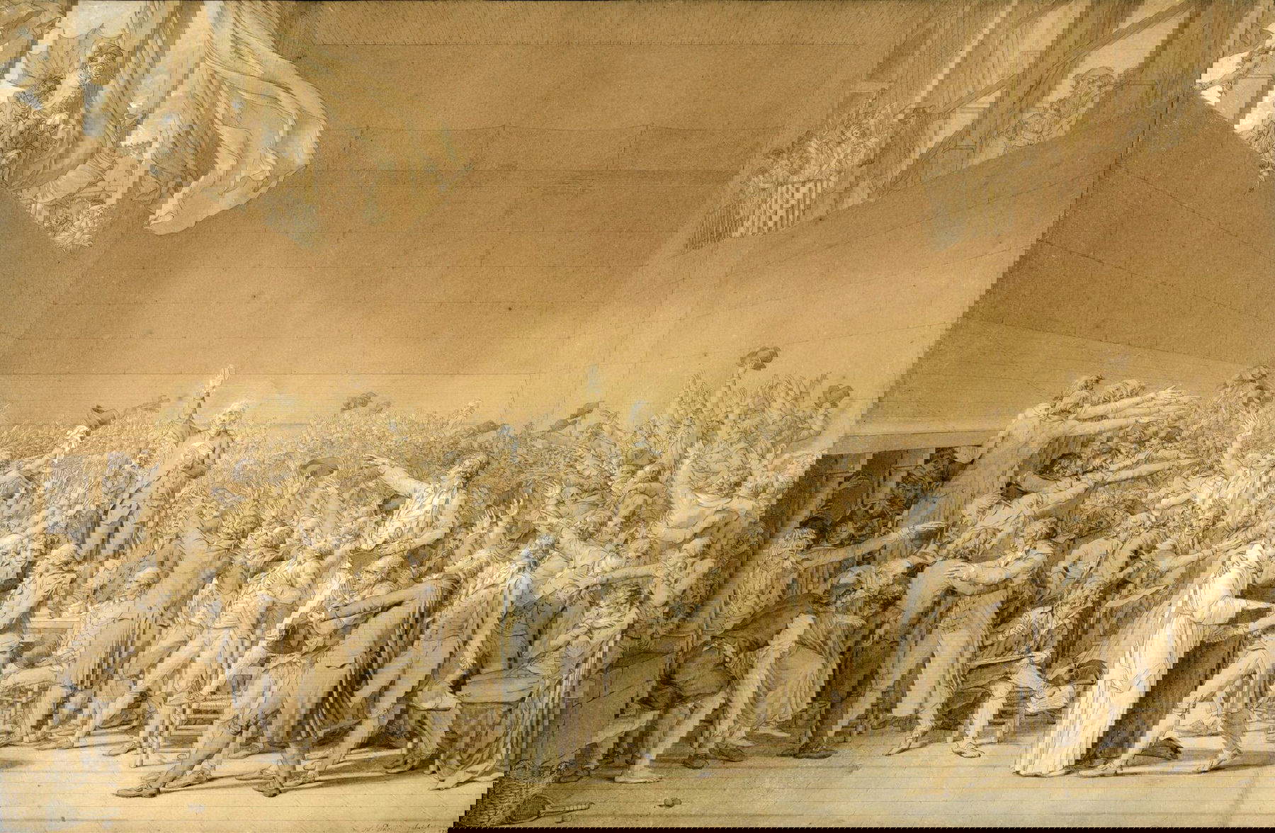 Jacques-Louis David, Le serment du Jeu de Paume, 20 juin 1789 (1791; penna, inchiostro, acquerello e lumeggiature bianche su matita su carta, 65,5 x 101 cm; Versailles, Chateau de Versailles - Mus&eacute;e de l'Histoire de France, inv. Dess 736) &copy; Ch&acirc;teau de Versailles, Dist. RMN / &copy; Jean-Marc Mana&iuml;. Foto: Wikimedia Commons