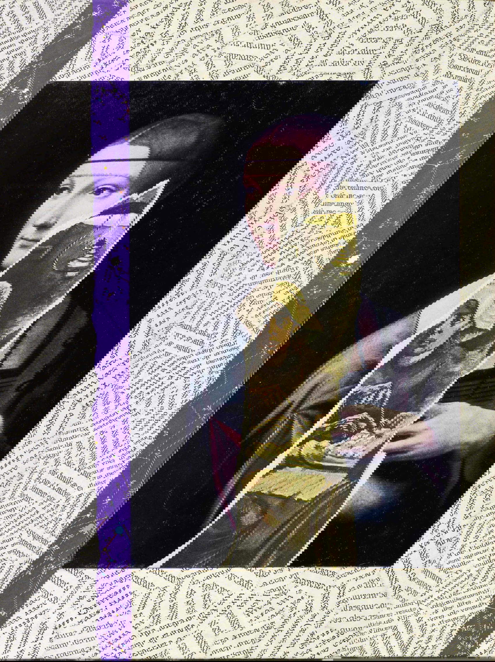 Jiri K&ouml;lar, Histoire d'une dame &agrave; l'hermine et des mangeurs de pommes de terre (en souvenir d'Alen Divis) (1990; collage sobre panel, 40,2x30,2 cm) Cortesía de Farsettiarte, Prato