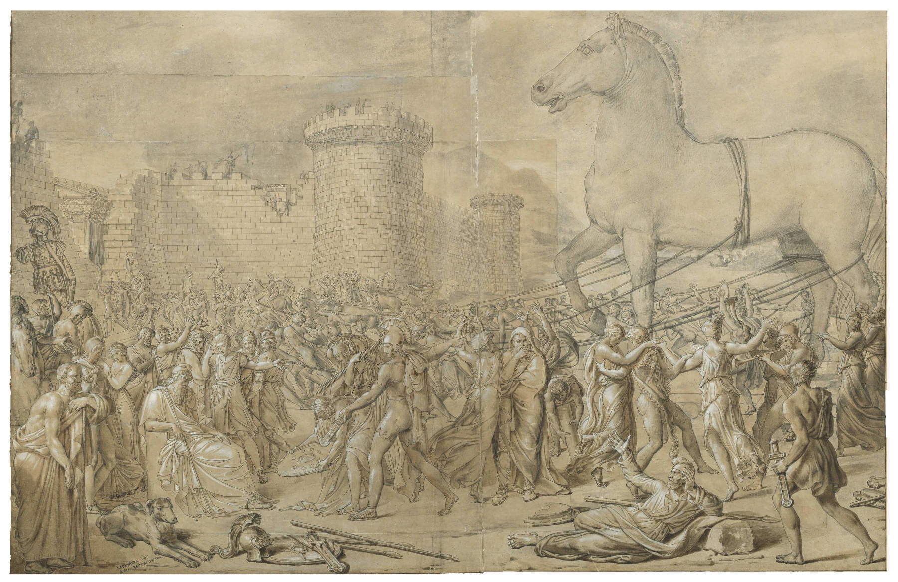 Joseph-D&eacute;sir&eacute; Odevaere, L&rsquo;entr&eacute;e du cheval de Troie (vers 1818 ; graphite, plume et encre brune et noire, lavis gris et brun, rehauts de blanc, 66,4 x 102 cm ; Christie&rsquo;s)