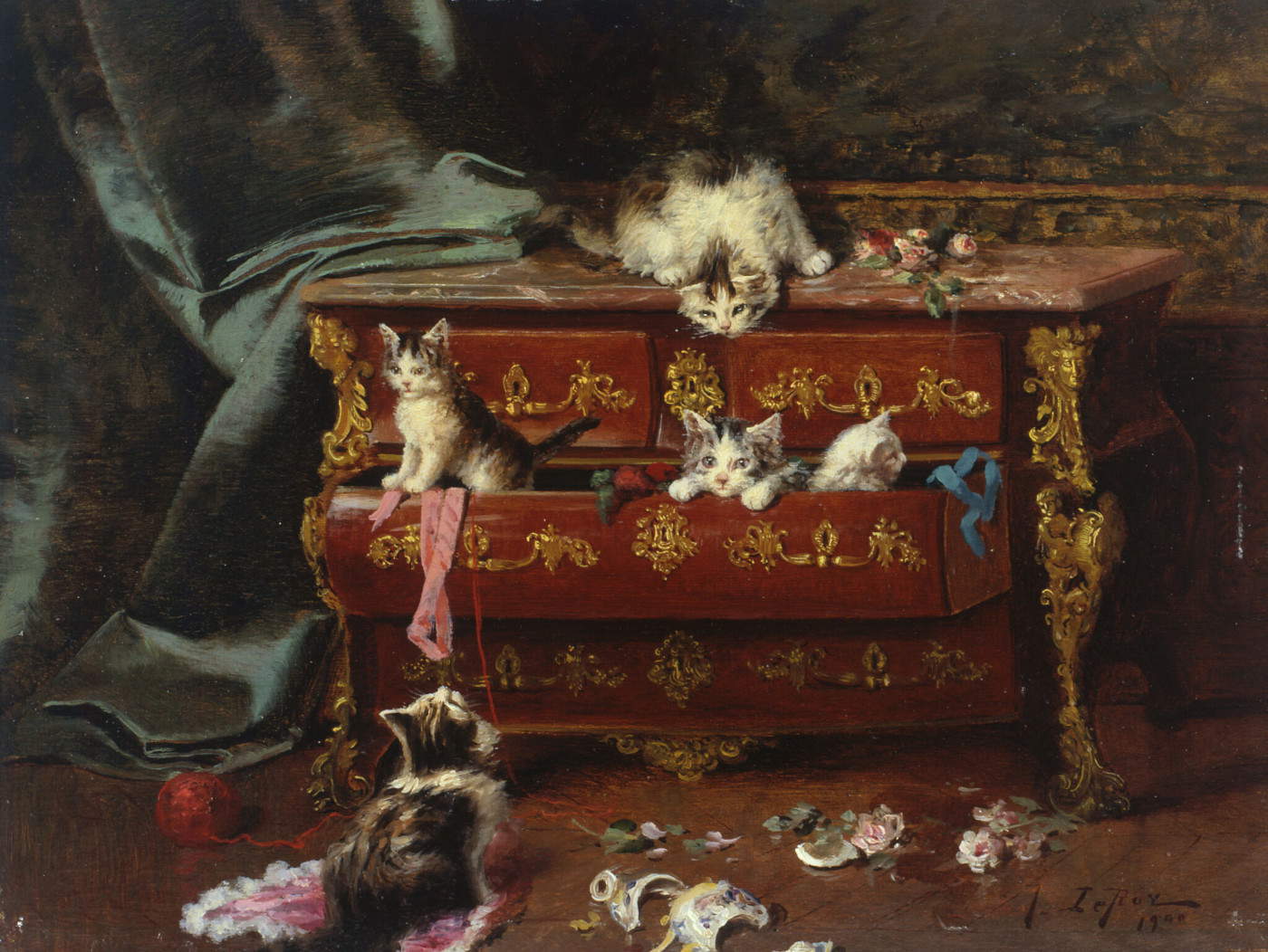 Jules Le Roy, Chats dans une commode (1900; olio su tela; Roubaix, La Piscine &ndash; Mus&eacute;e d&rsquo;art et d&rsquo;industrie Andr&eacute; Diligent) &copy; Mus&eacute;e La Piscine (Roubaix), Dist. GrandPalaisRmn / Arnaud Loubry