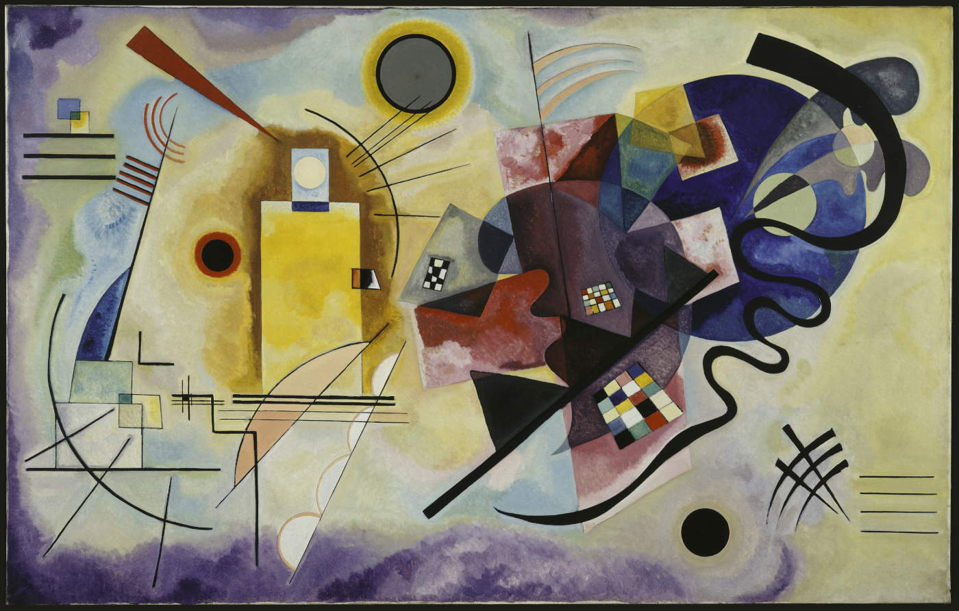 Vassily Kandinsky, Gelb-Rot-Blau (Jaune-rouge-bleu) (1925; olio su tela, 128 x 201,5 cm, Donazione di Nina Kandinsky, 1976 Centre Pompidou, Parigi, Mus&eacute;e national d&rsquo;art moderne &ndash; Centre de cr&eacute;ation industriell)