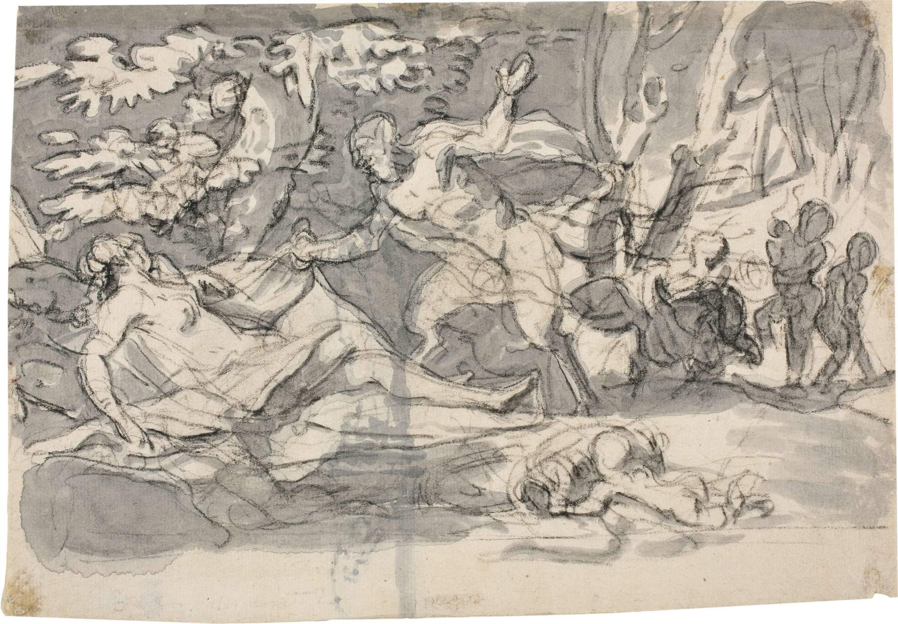 Karel Philips Spierincks, Faun, der eine Nymphe entdeckt (um 1635; Pinsel und graues Aquarell auf einer Vorzeichnung mit schwarzem Bleistift auf Papier mit Wasserzeichen, 191 &times; 275 mm; Madrid, Prado, Inv. D983)