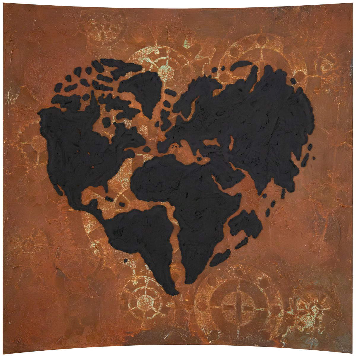 Laura Mircea, World at Heart (2025; volcanic rock dust and rust on introflected panel, 80 x 80 cm)