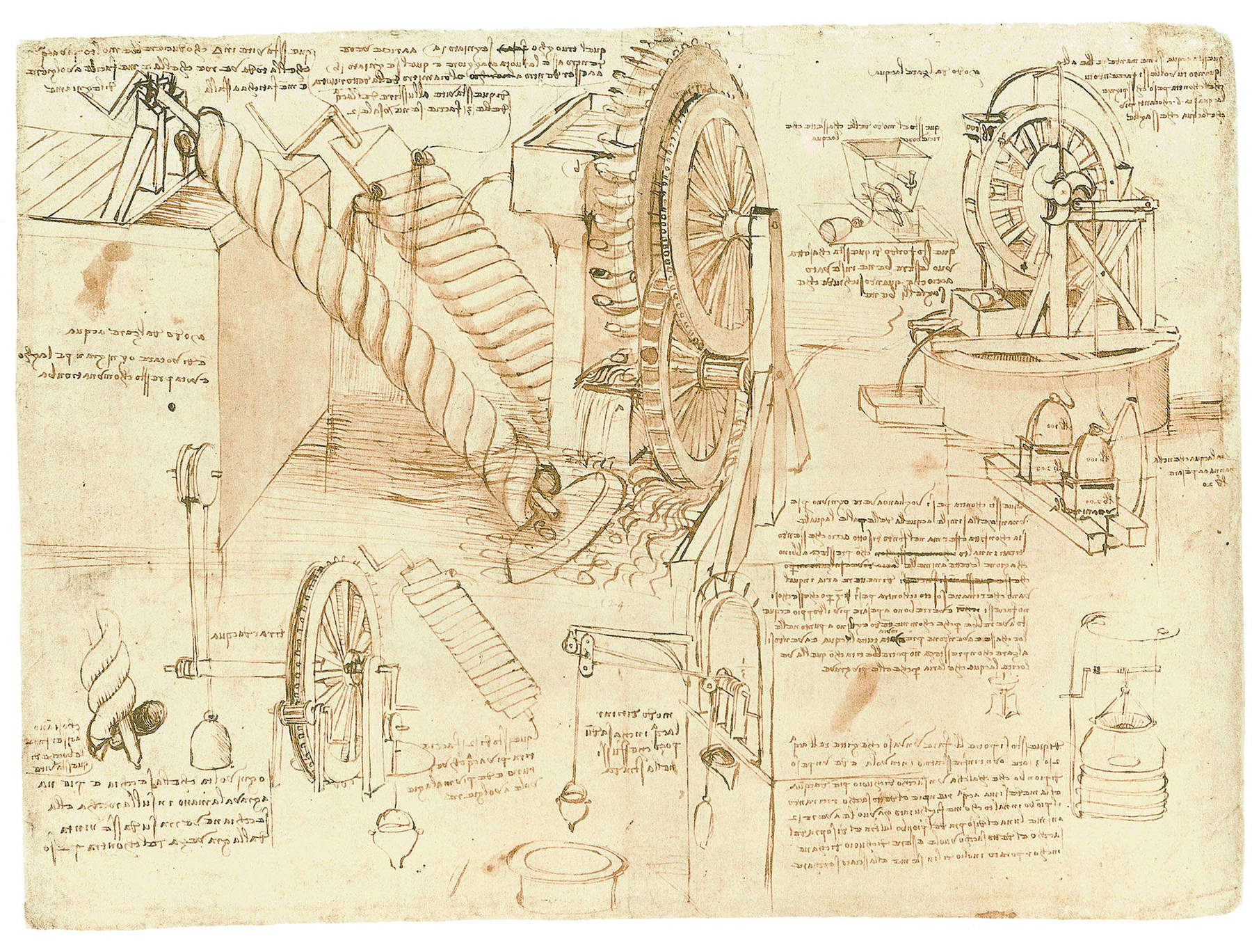 Leonardo da Vinci, Machines for raising water (c. 1480-1482), Codex Atlanticus, f. 26v &copy; Veneranda Biblioteca Ambrosiana