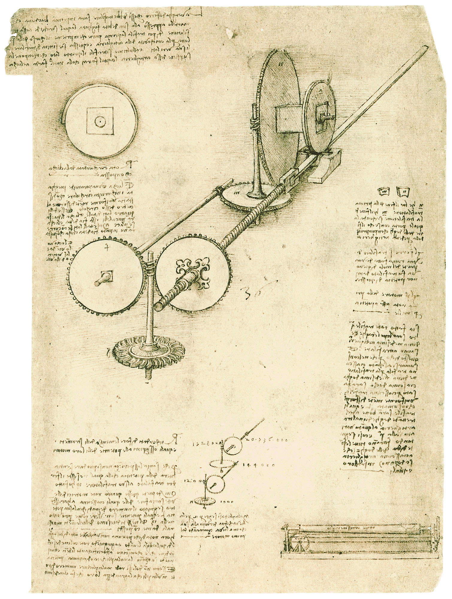 Leonardo da Vinci, Mechanism for drawing water-operated metal bars for cannon (c. 1490-1515), Codex Atlanticus, f. 10r &copy; Veneranda Biblioteca Ambrosiana