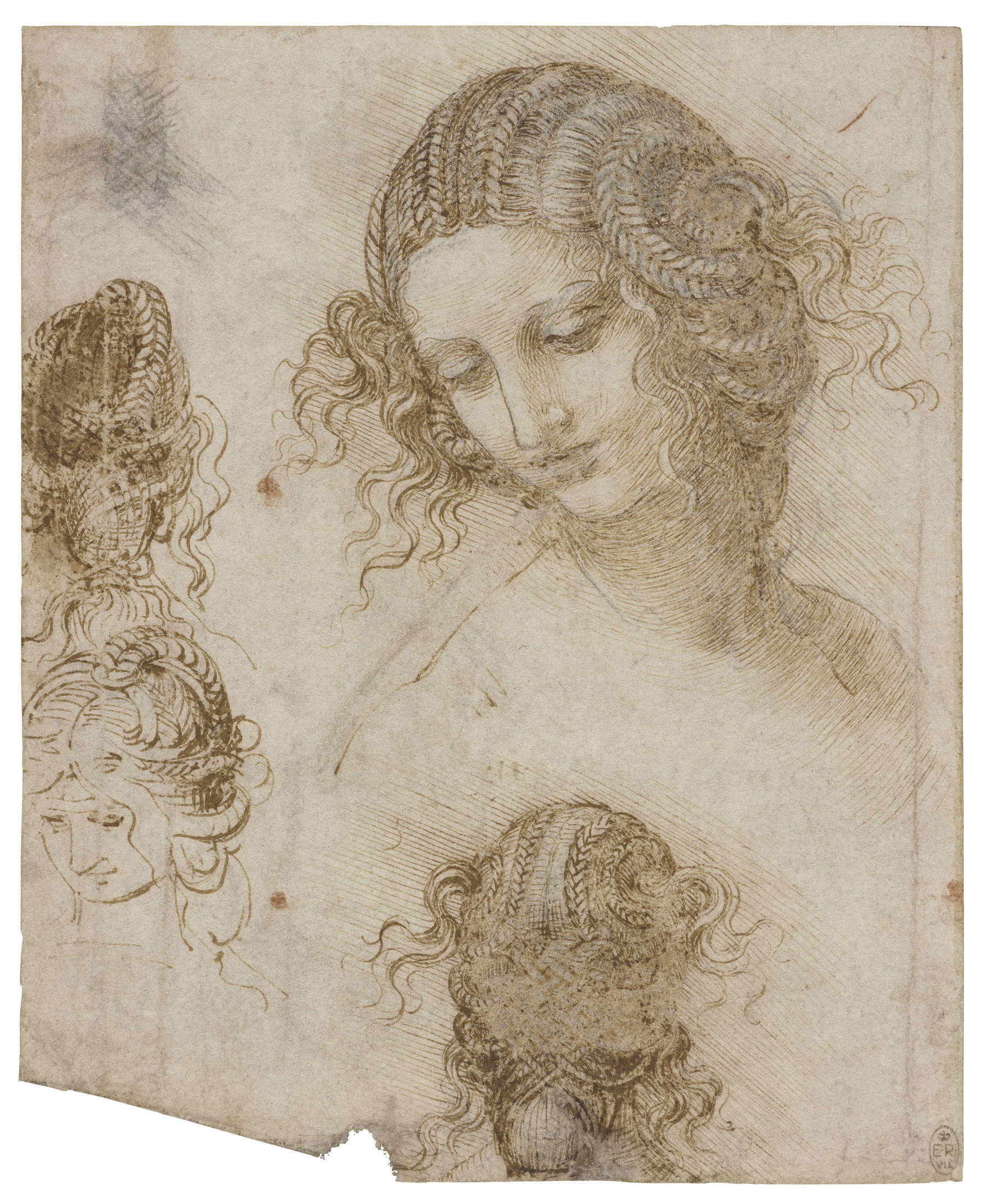Leonardo da Vinci, Head of Leda (c. 1505-1508), RCIN 912516r &copy; Royal Collection Enterprises Ltd 2026 | Royal Collection Trust. Studies for the painting Leda and the Swan, now lost.
