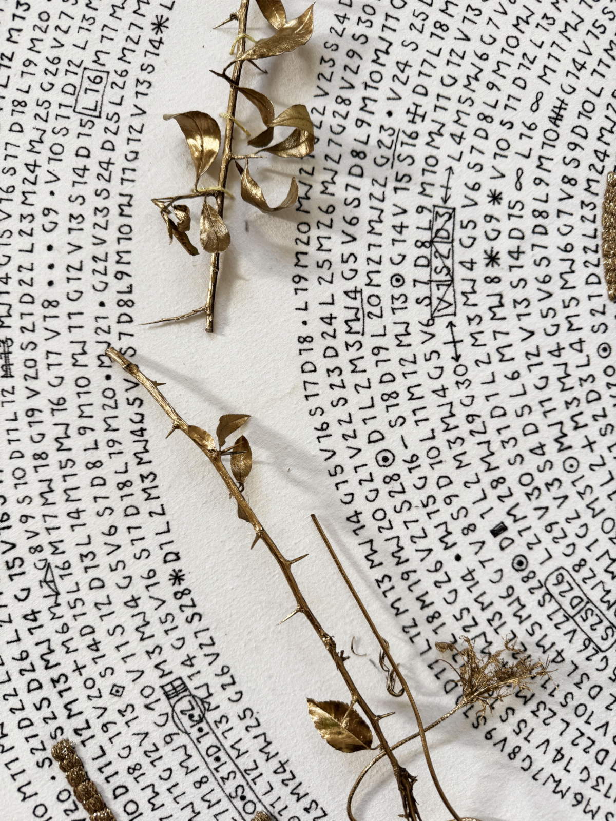 Viento de calendario, detalle - escritura en tinta, fragmentos vegetales y ramas secas - pintura dorada y bordado sobre lámina enmarcada (2025-2026). Cortesía del artista