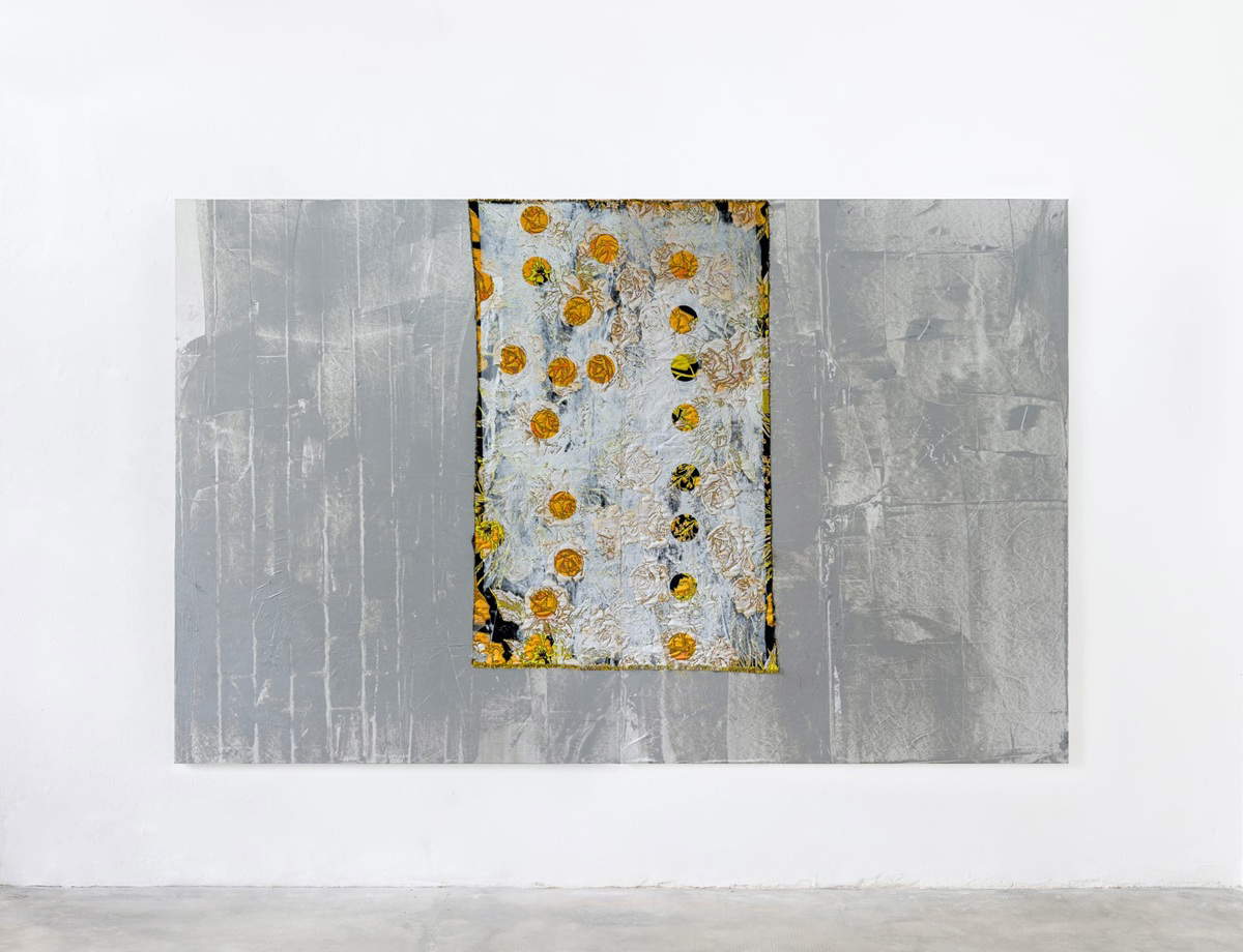 Lorenza Longhi, Untitled (2025; silkscreen ink on fabric and Tyvek, wood panel, aluminum, screws, 2 panels, 190 &times; 150 cm each). Courtesy of the artist and Fanta MLN, Milan, Italy.