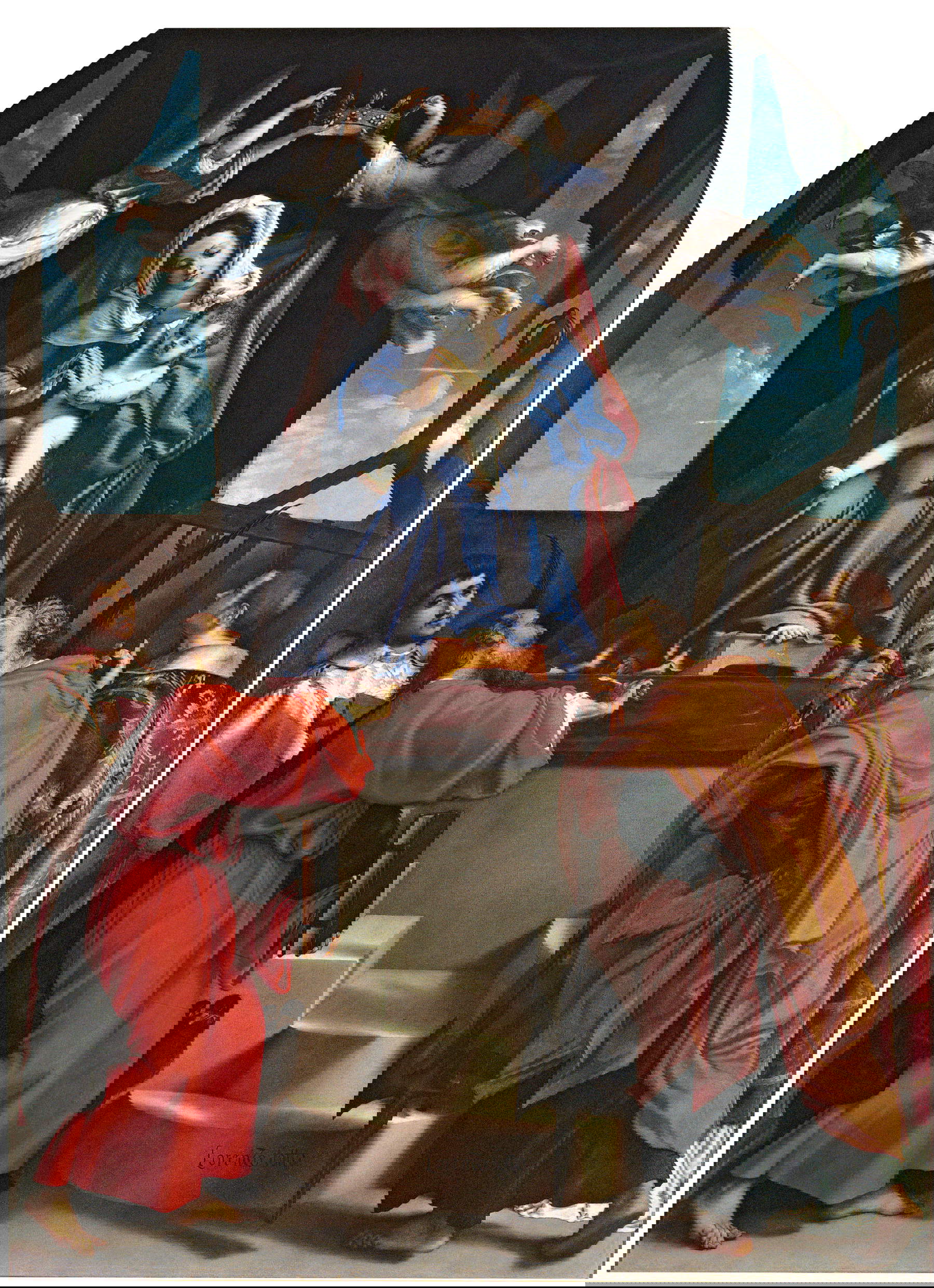 Lorenzo Lotto, Madonna mit Kind, Engeln und den Heiligen Stephanus, Johannes dem Evangelisten, Simone Judas und Lawrence (Alabarda-Altar) (1538; Öl auf Leinwand, 294 x 216 cm; Ancona, Pinacoteca Civica Francesco Podesti)