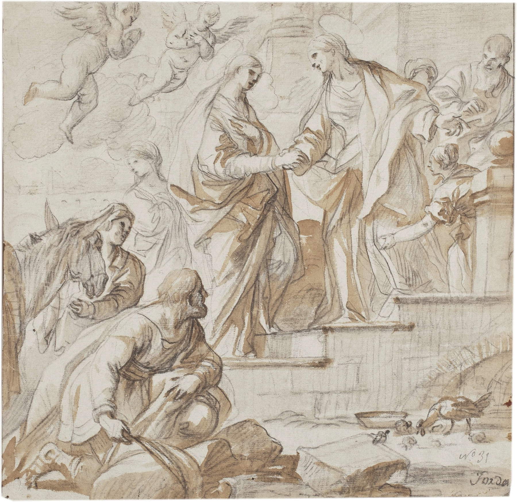 Luca Giordano, Die Heimsuchung (um 1697; schwarzer Bleistift und braunes Aquarell auf Papier, 280 &times; 286 mm; Madrid, Museo Nacional del Prado, Inv. D2150)
