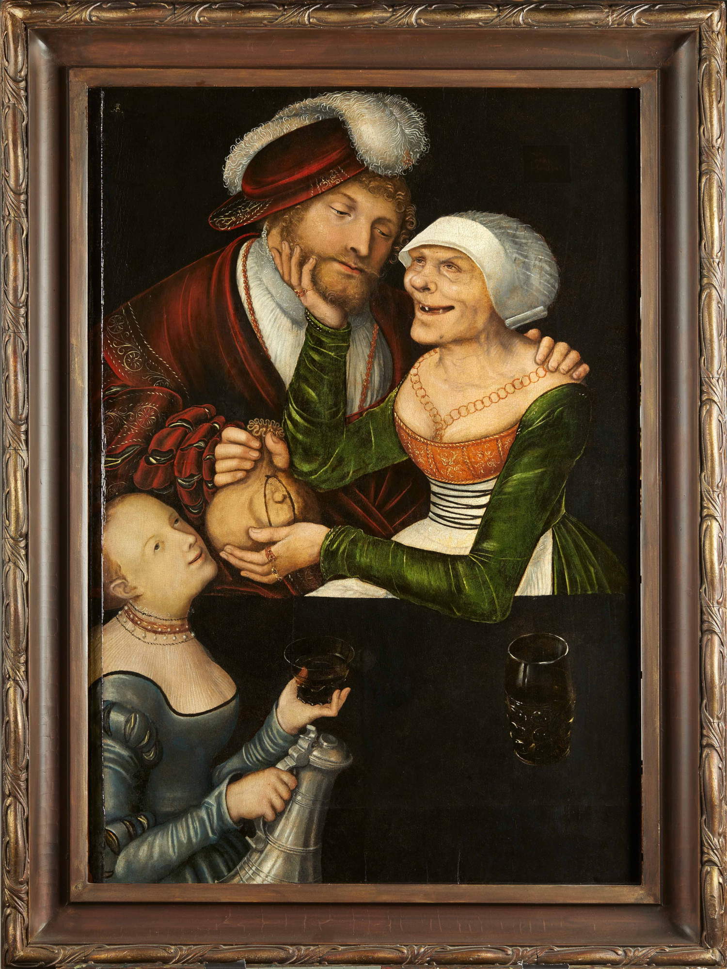 Lucas Cranach, *The Pimp* (c. 1535–1550; oil on panel, 87.5 x 59 cm; Tbilisi, Georgian National Museum, Shalva Amiranashvili Museum of Fine Arts &copy; Georgian National Museum / Fernando Javier Urquijo