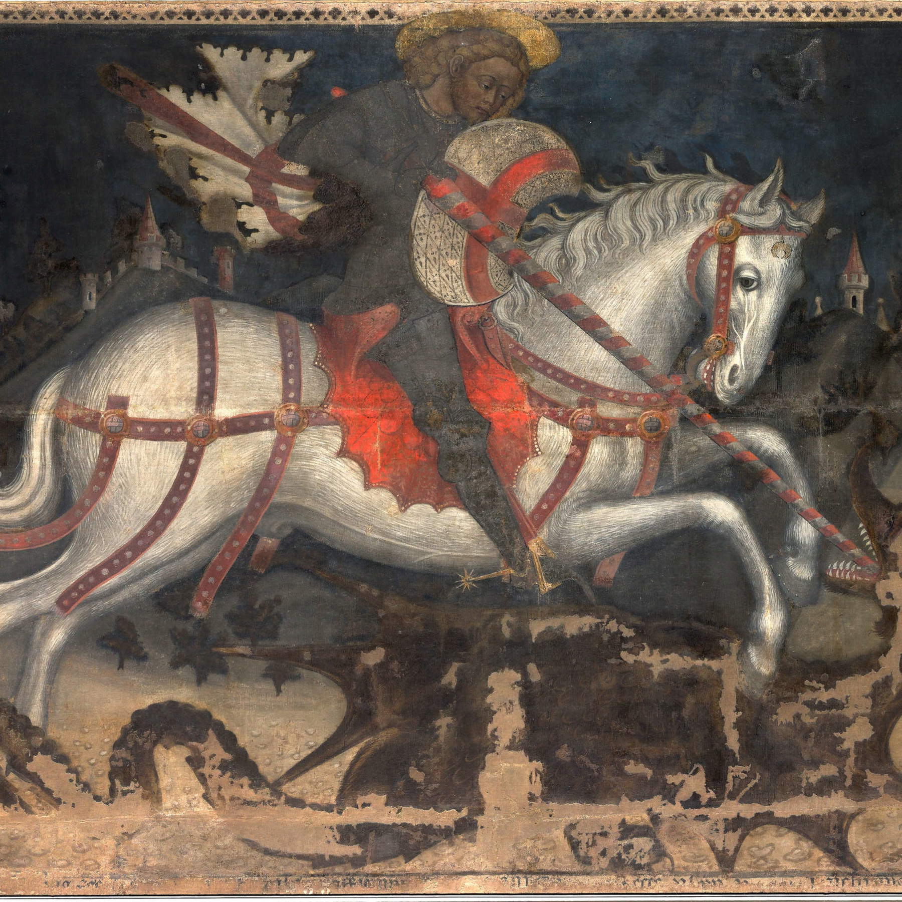 Luchino da Milano, San Jorge mata al dragón, detalle (1444; óleo sobre lienzo 180 &times; 330 cm; Génova, Palazzo San Giorgio)