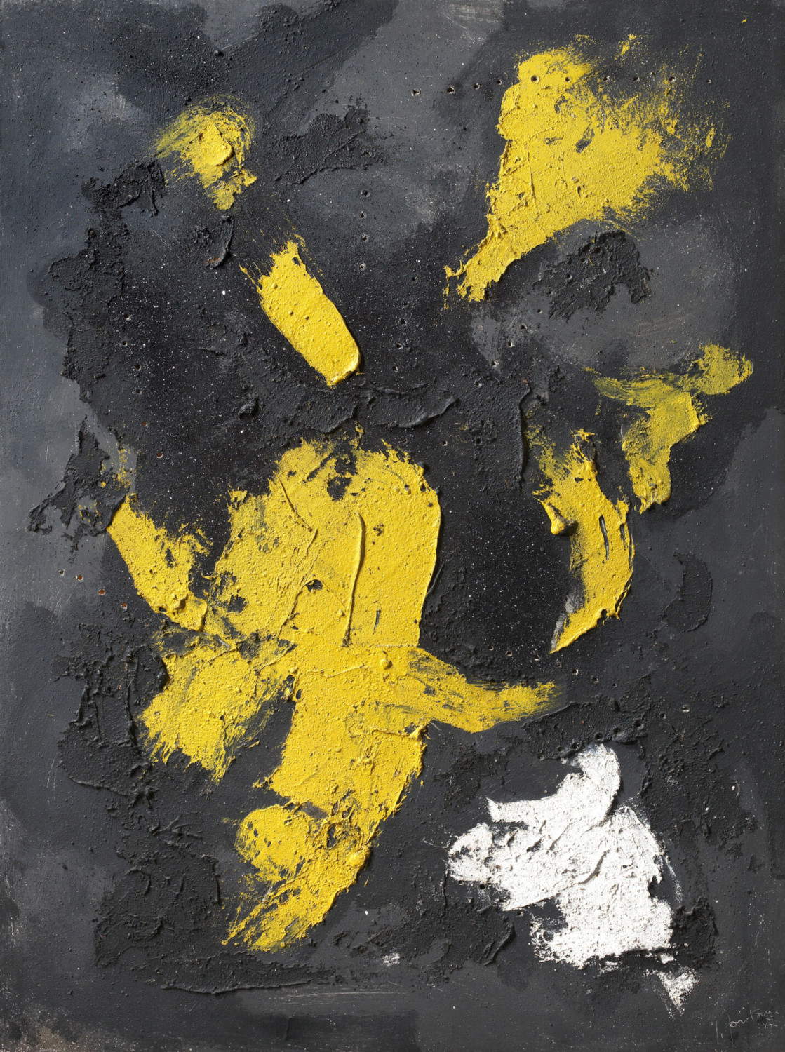 Lucio Fontana, Concept spatial (1957 ; huile, technique mixte et paillettes sur toile, formes jaunes et blanches sur fond noir, 130 x 96 cm) &copy; Fondation Lucio Fontana, Milan