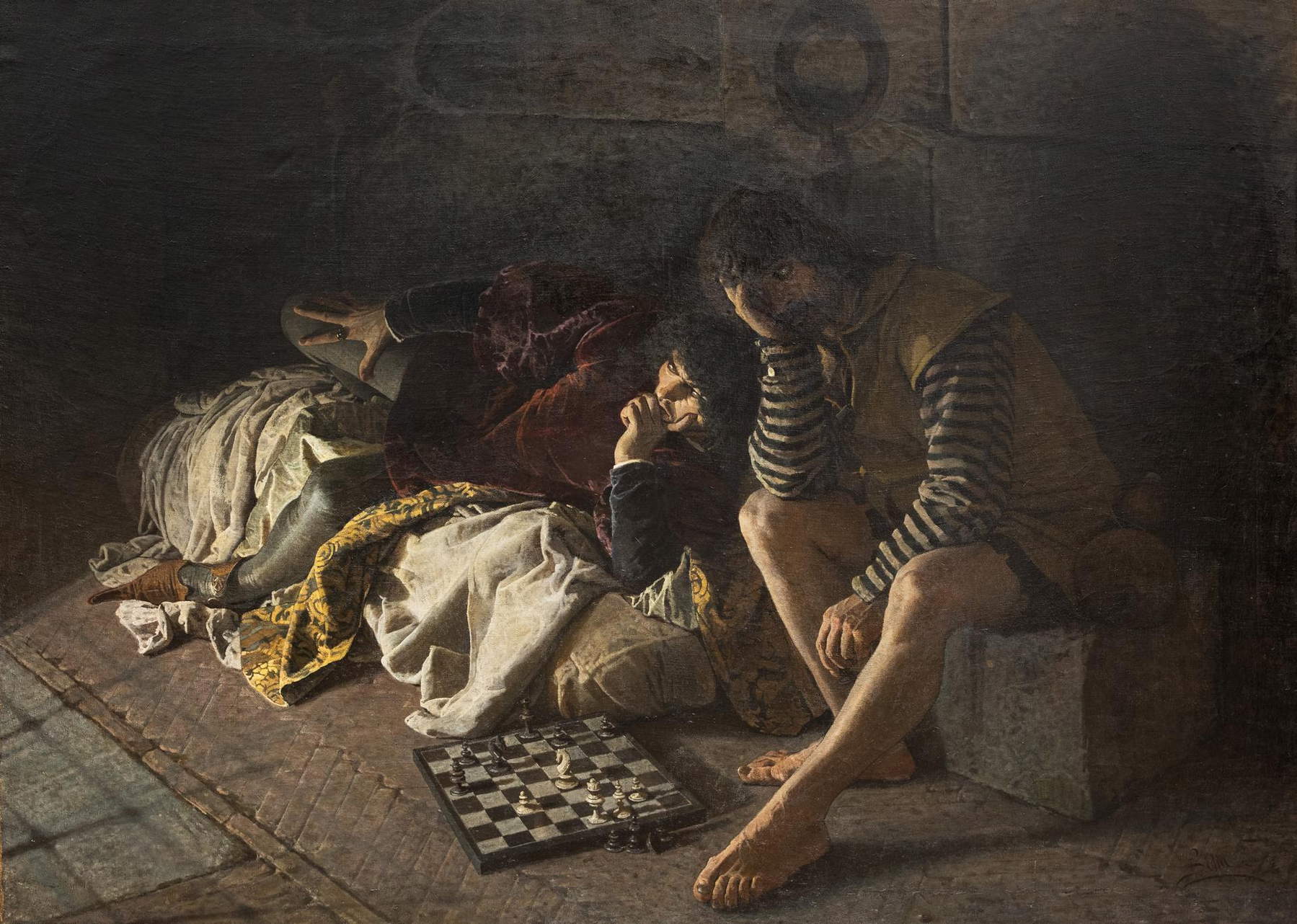 Luigi Serra, „Annibale Bentivoglio, Gefangener in der Burg von Varano, plant seine Flucht mit einem gewissen Zanese Parolaio“ (1870; Öl auf Leinwand, 160 x 222 cm; Fondazione Collegio Artistico Venturoli)