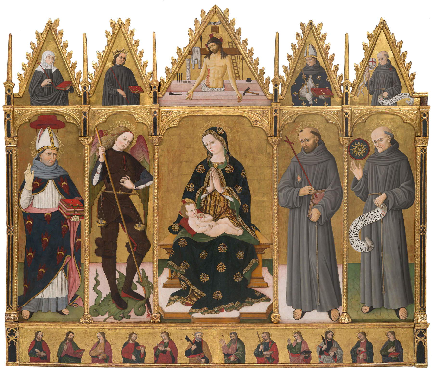 Meister der Crivellescher Altarbilder, Madonna mit Kind, Christus in Piet&agrave; und Heiligen (15. Jh.; Tempera auf Holz, 195 &times; 227 &times; 12 cm; Sammlung BPER L’Aquila)