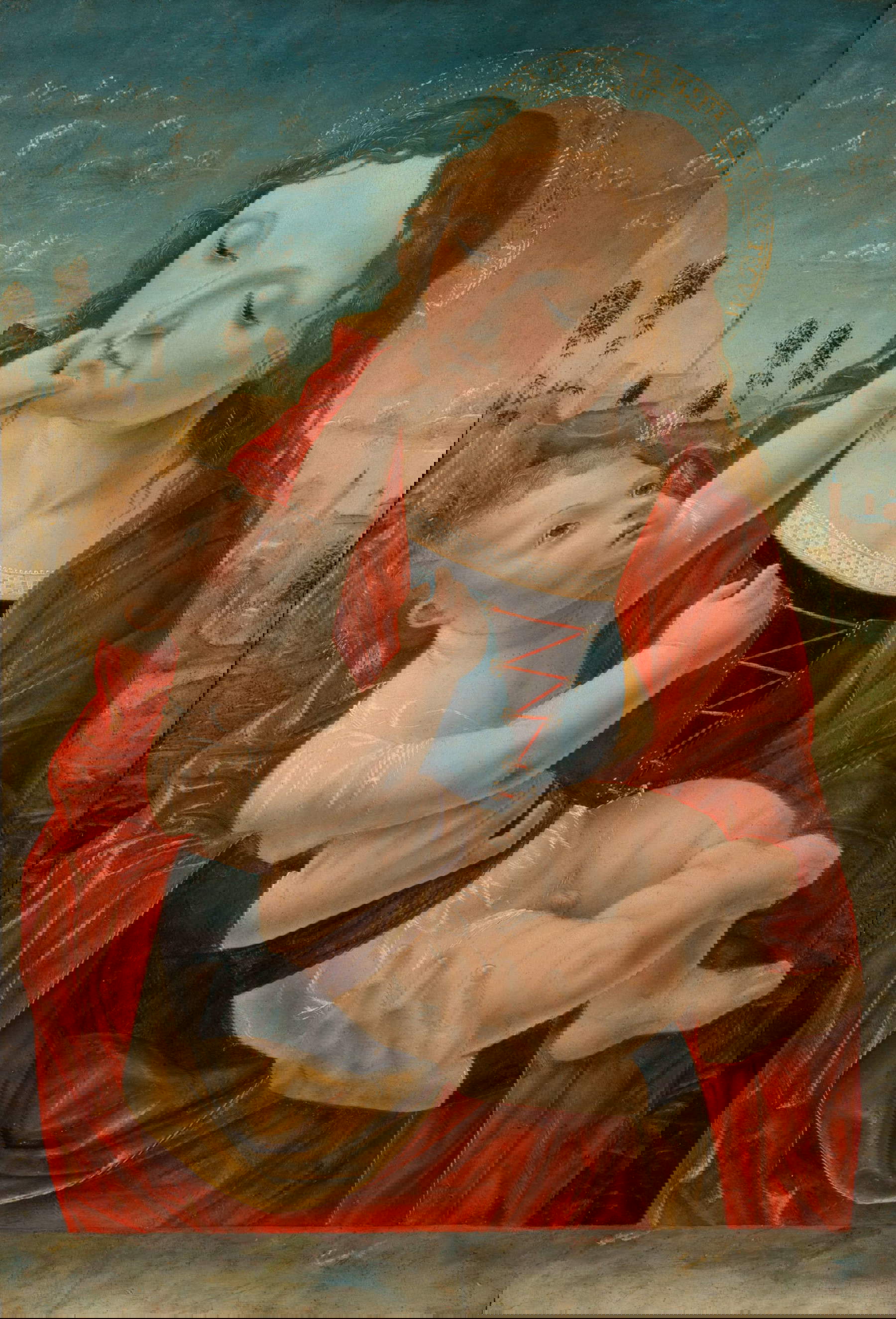 Meister der Pala Sforzesca (Giovanni Angelo Mirofoli da Seregno), Madonna mit Kind (um 1485-1490; Tempera (?) auf Tafel, 58,5 x 41 cm; Privatsammlung)