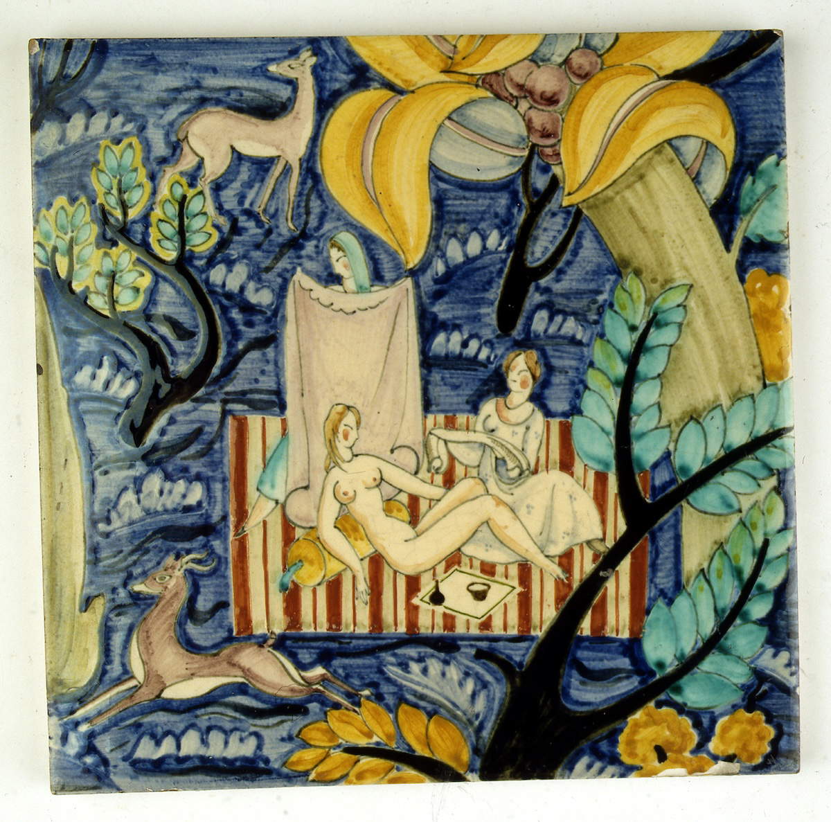 Manifattura Cantagalli, Quadratische Fliese (um 1930; polychrome Majolika: Mailand, Castello Sforzesco, Civiche raccolte d'arte applicata)