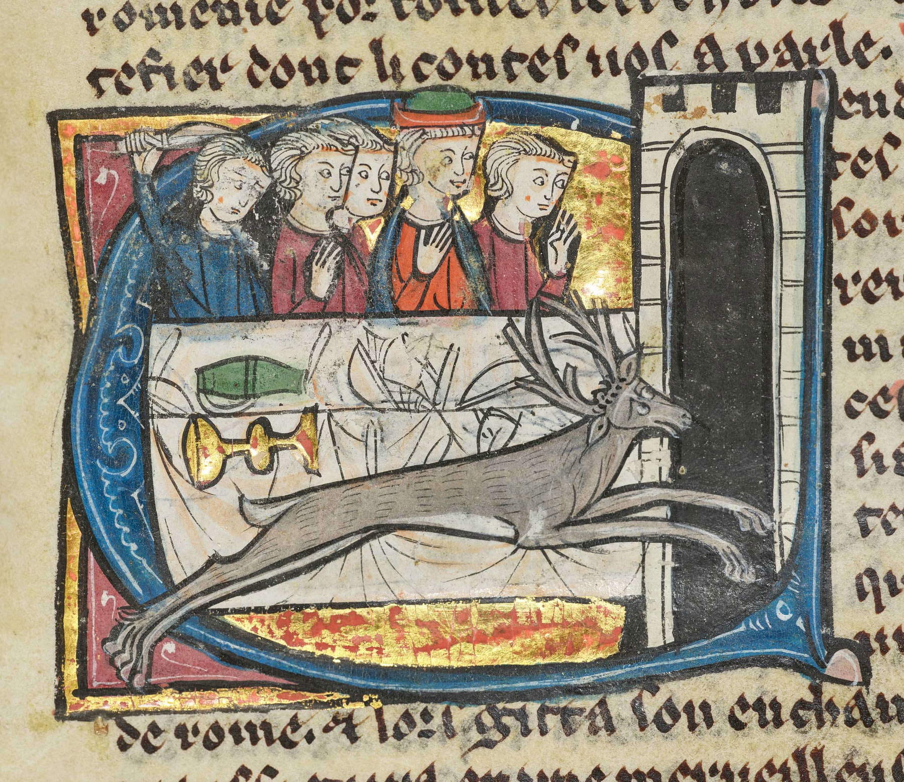 In the manuscript, Merlin takes on many forms: here he appears as a stag, knocking over all the food and dishes as he rushes out of the imperial hall; elsewhere, he is an old shepherd beneath the walls of Camelot, a messenger, and a knight in armor.
