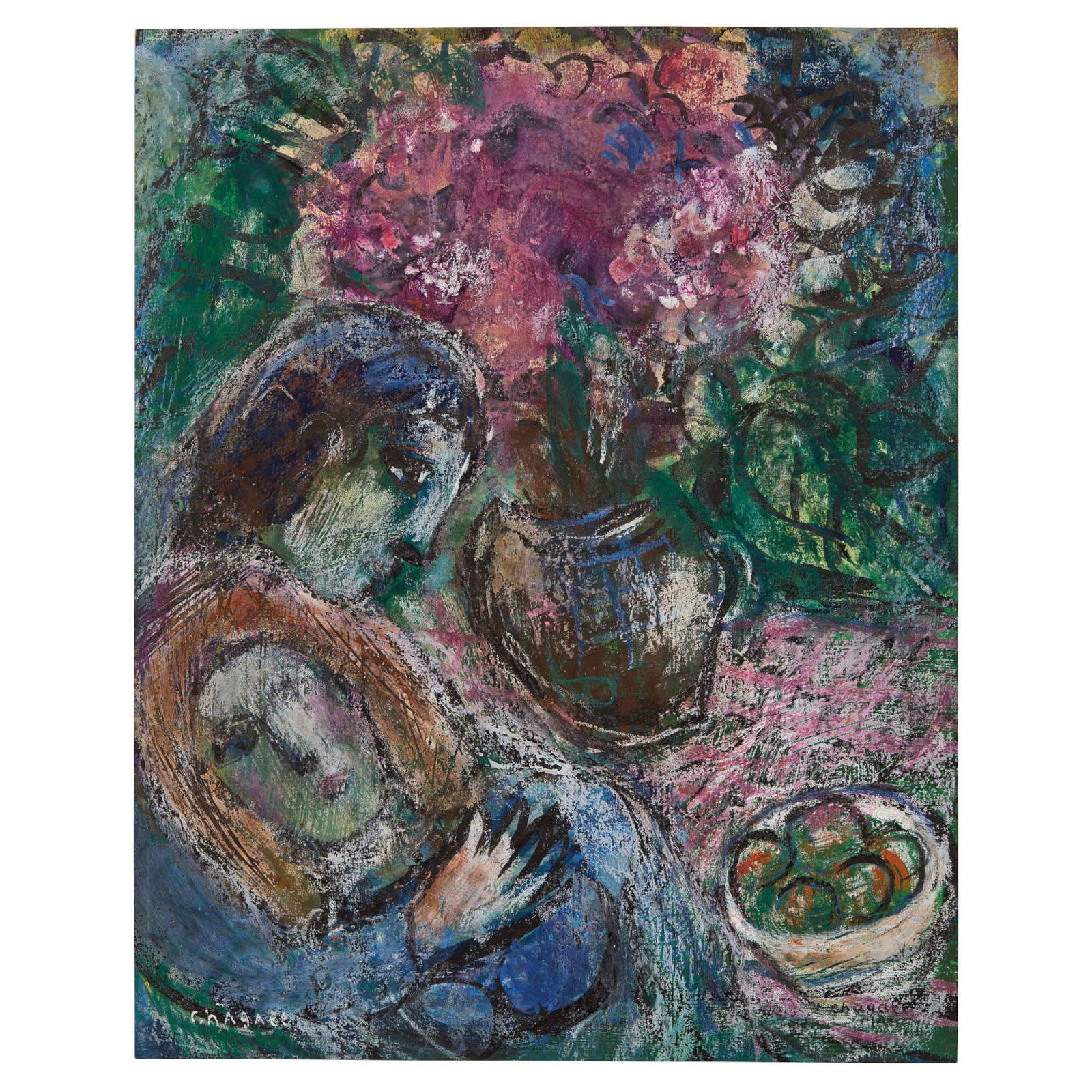 Marc Chagall, Amoureux avec fleurs et nature morte (c. 1950 ; gouache, encre et pastel sur papier, 33,3x26,2 cm ; signé en bas à droite)