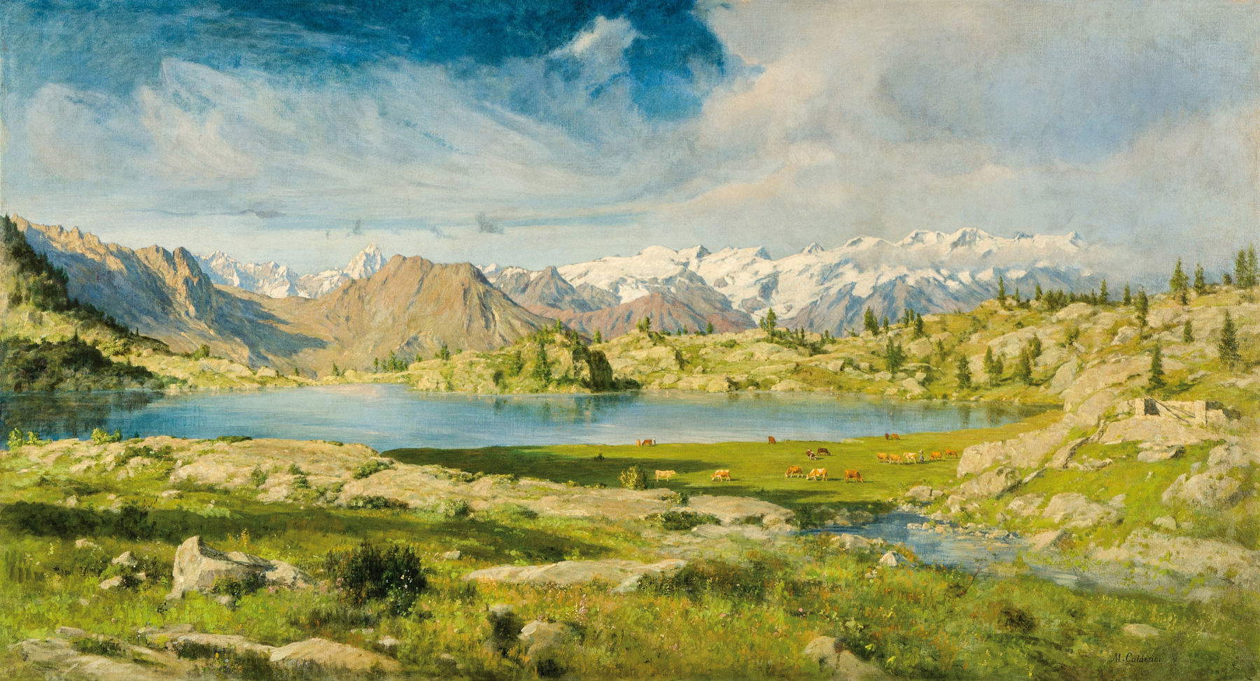 Marco Calderini, Il lago Bianco - Kopf des Vallone di Champ de Praz (vom Matterhorn zum Monte Rosa) (1901; Öl auf Leinwand, 125 x 230 cm; Turin, Privatsammlung)