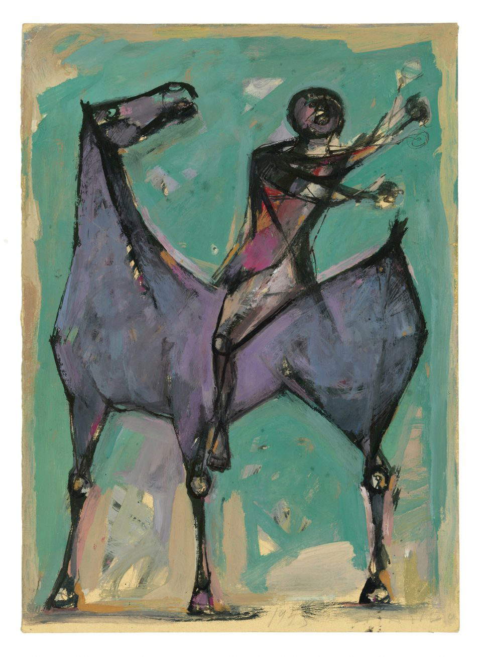Marino Marini, Cavallo e cavaliere di lato (1953; tinta china y temple sobre papel, 345 &times; 248 mm)